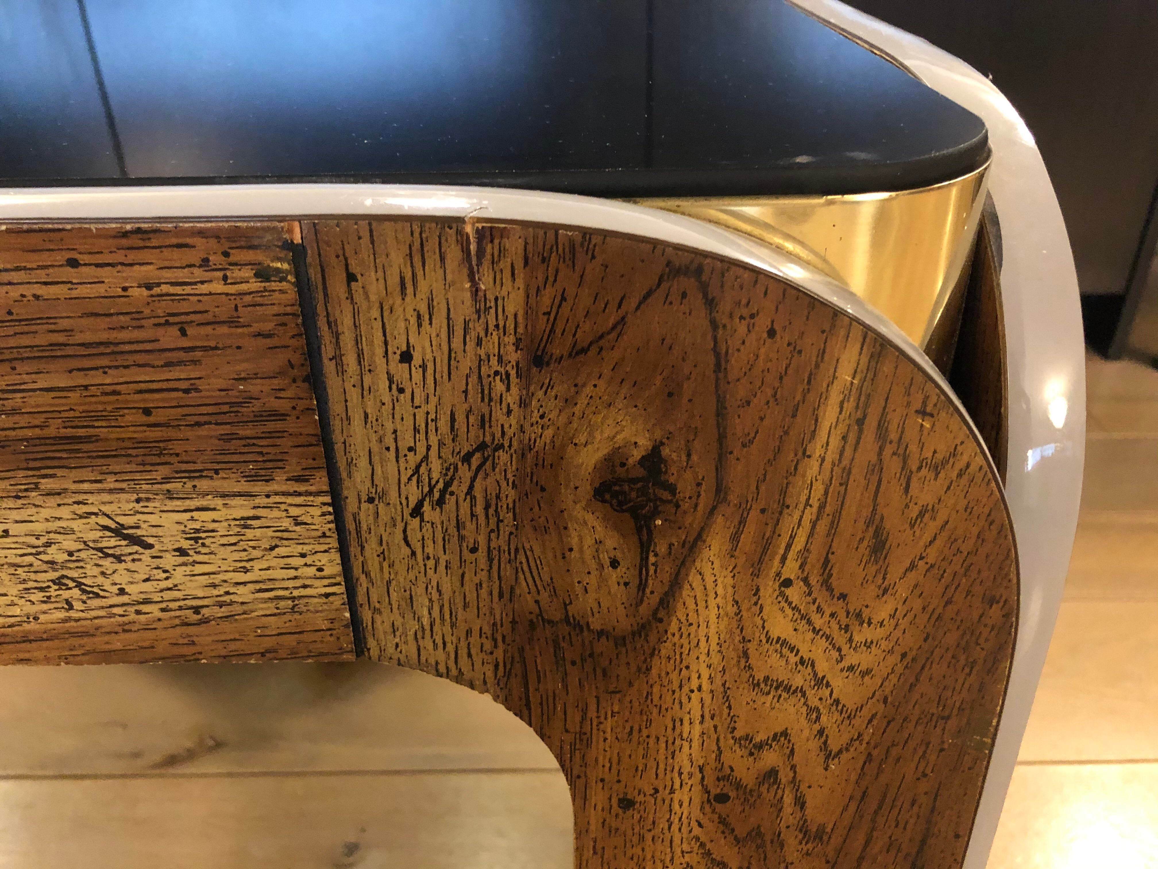 Vintage Post Modern Wood Brass and Black Glass Side Table