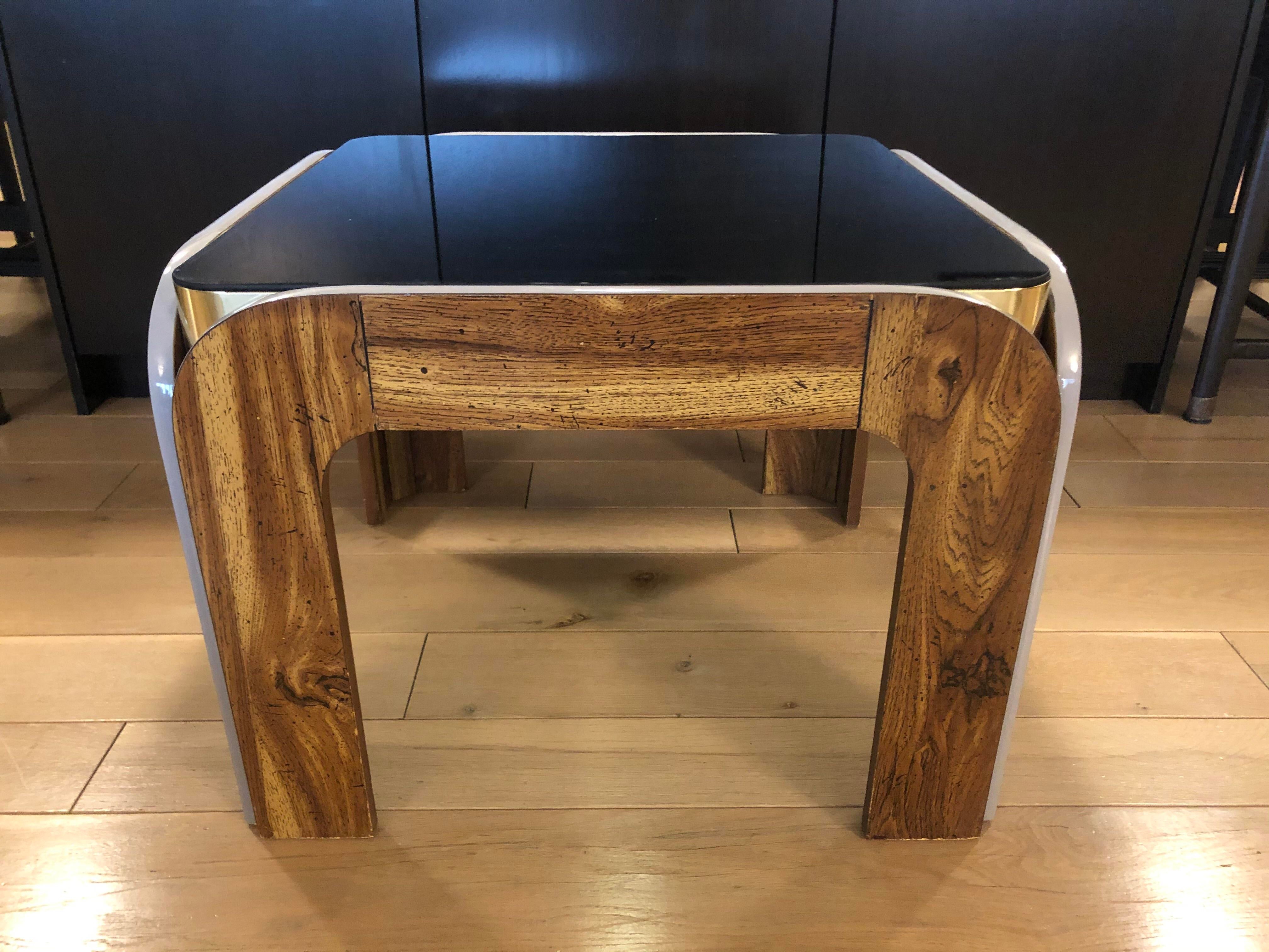 Vintage Post Modern Wood Brass and Black Glass Side Table