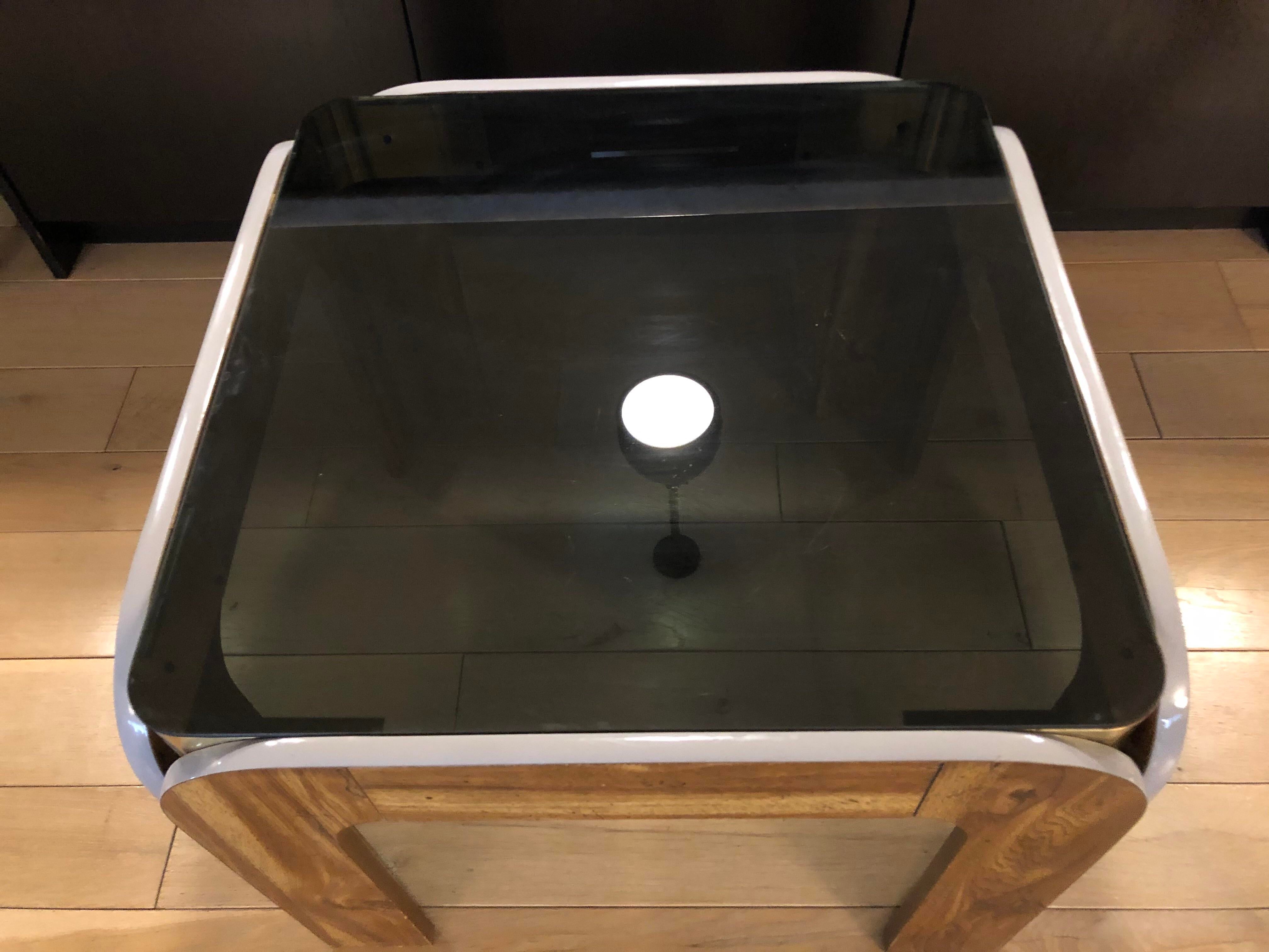 Vintage Post Modern Wood Brass and Black Glass Side Table