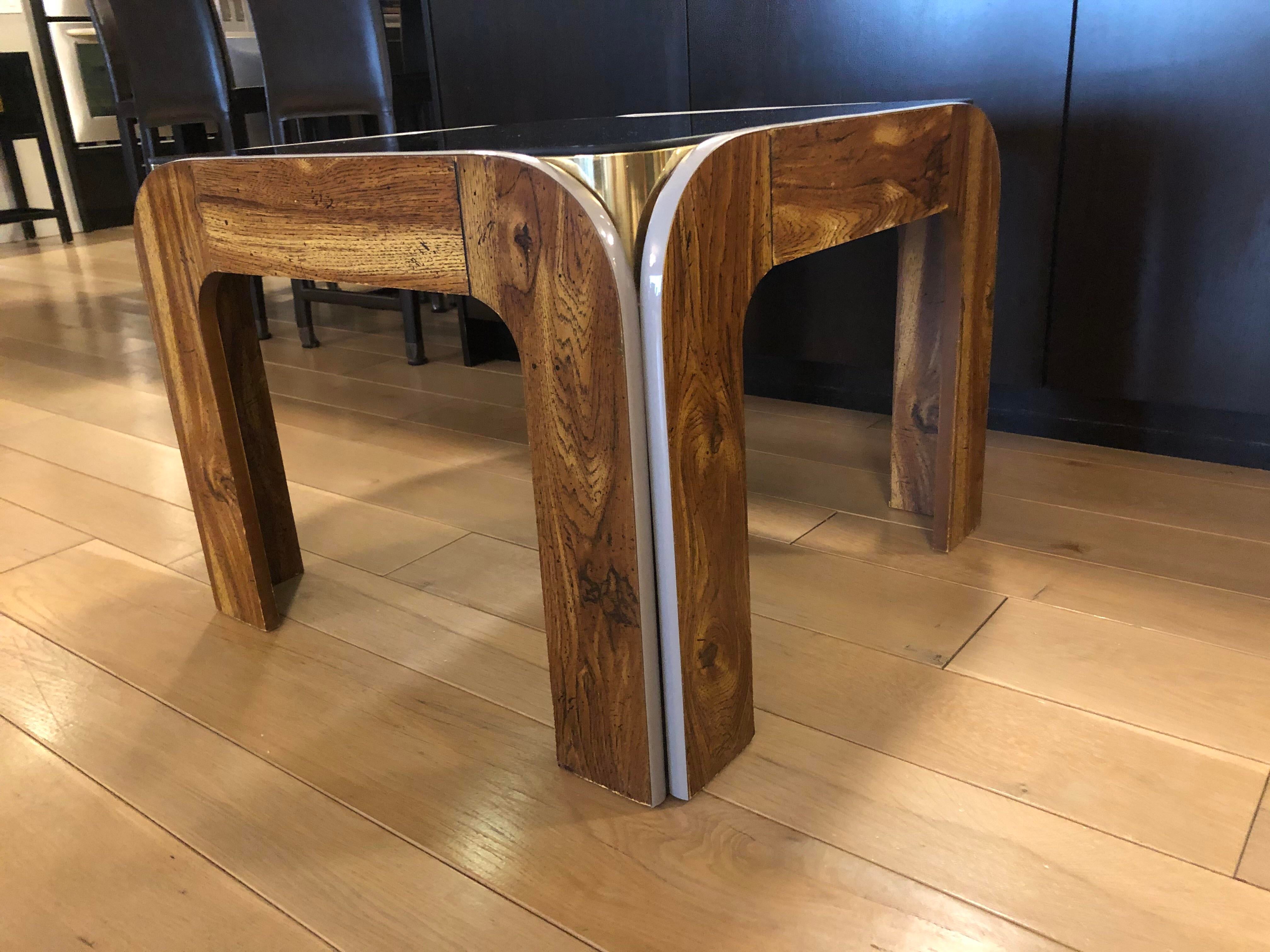 Vintage Post Modern Wood Brass and Black Glass Side Table
