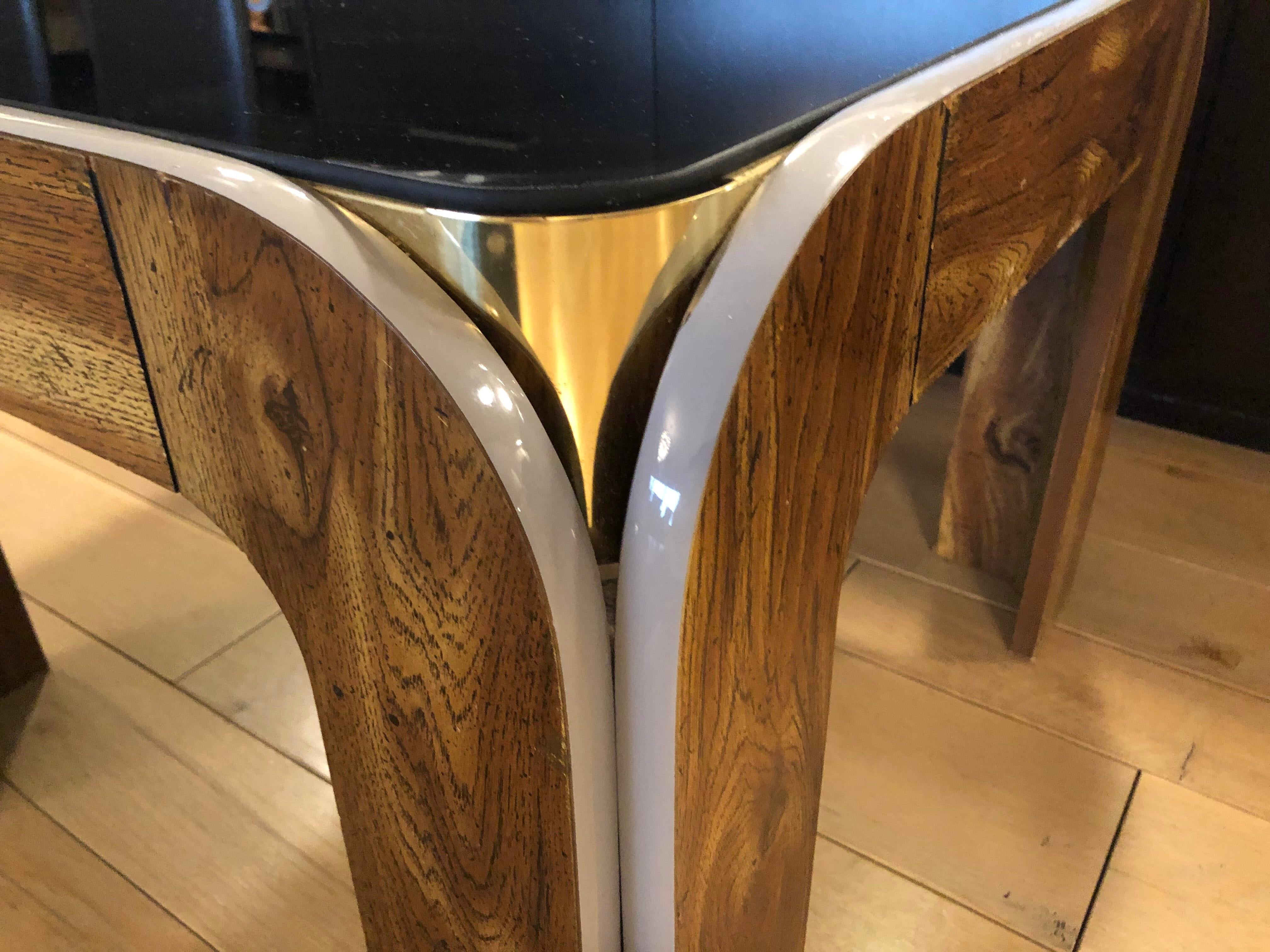 Vintage Post Modern Wood Brass and Black Glass Side Table