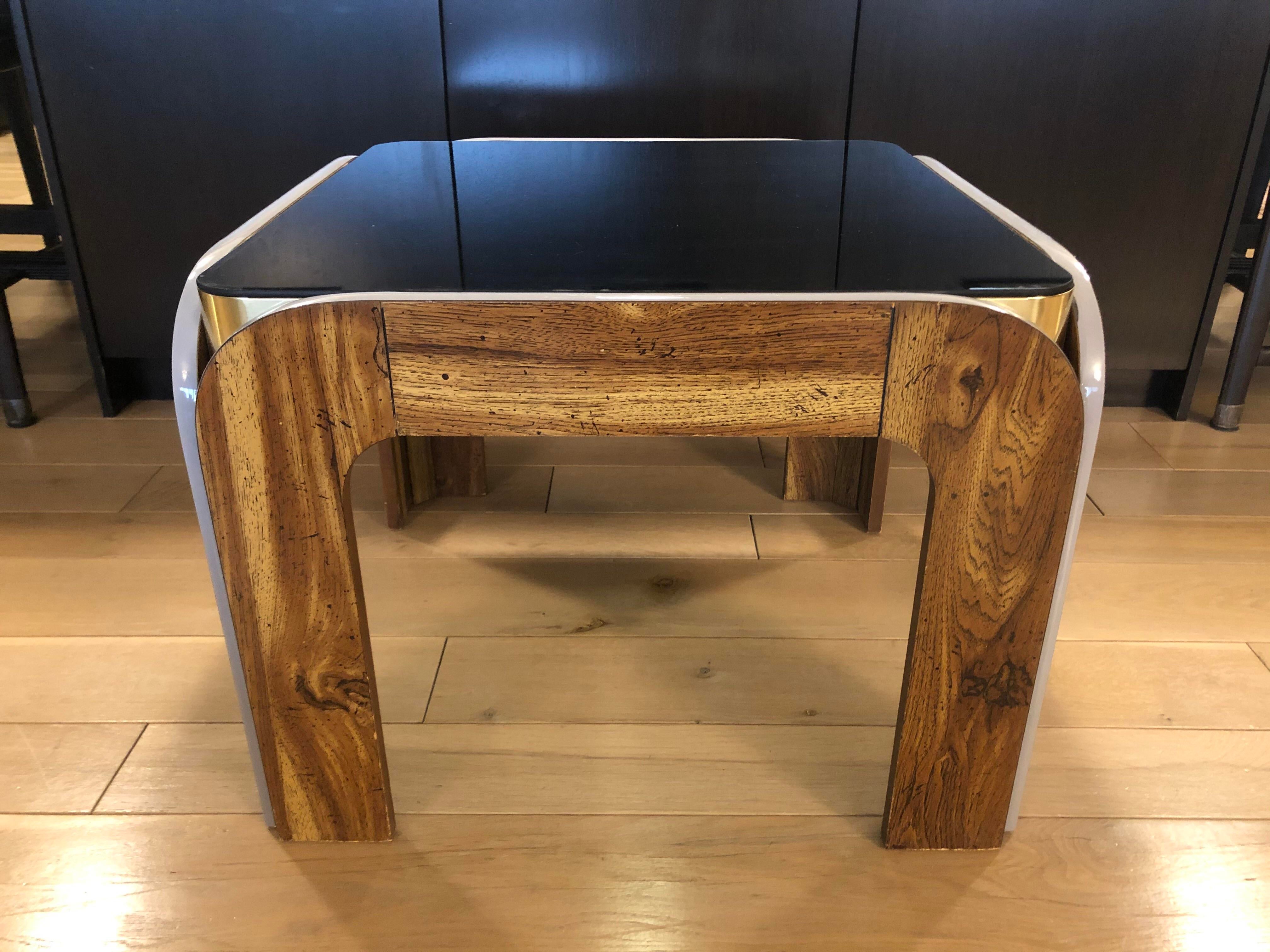 Vintage Post Modern Wood Brass and Black Glass Side Table
