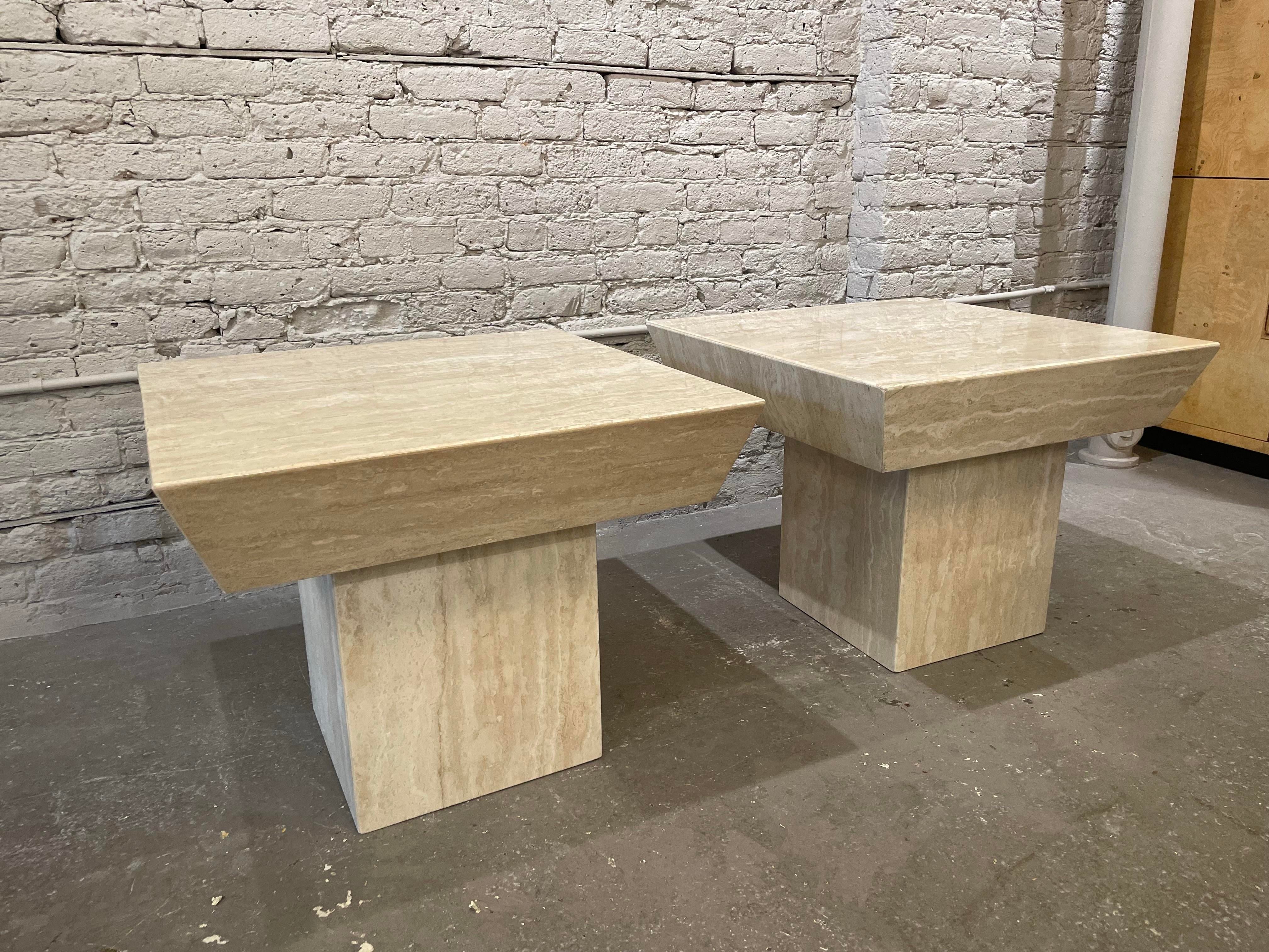 Vintage Travertine Side Tables With Angled Edge 1980s - a Pair