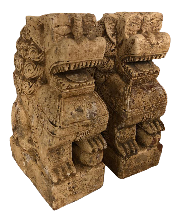 Vintage Wood Paint Foo Dogs - a Pair