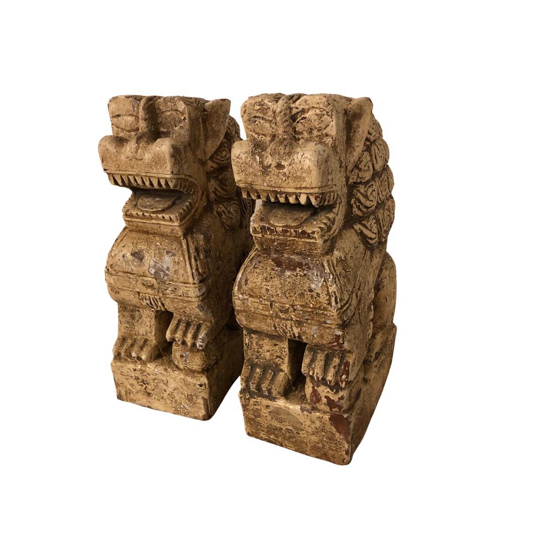 Vintage Wood Paint Foo Dogs - a Pair