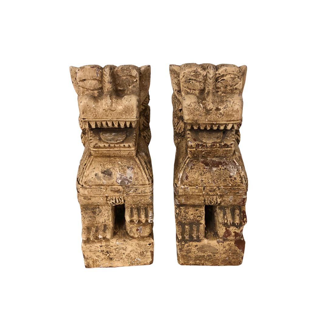 Vintage Wood Paint Foo Dogs - a Pair