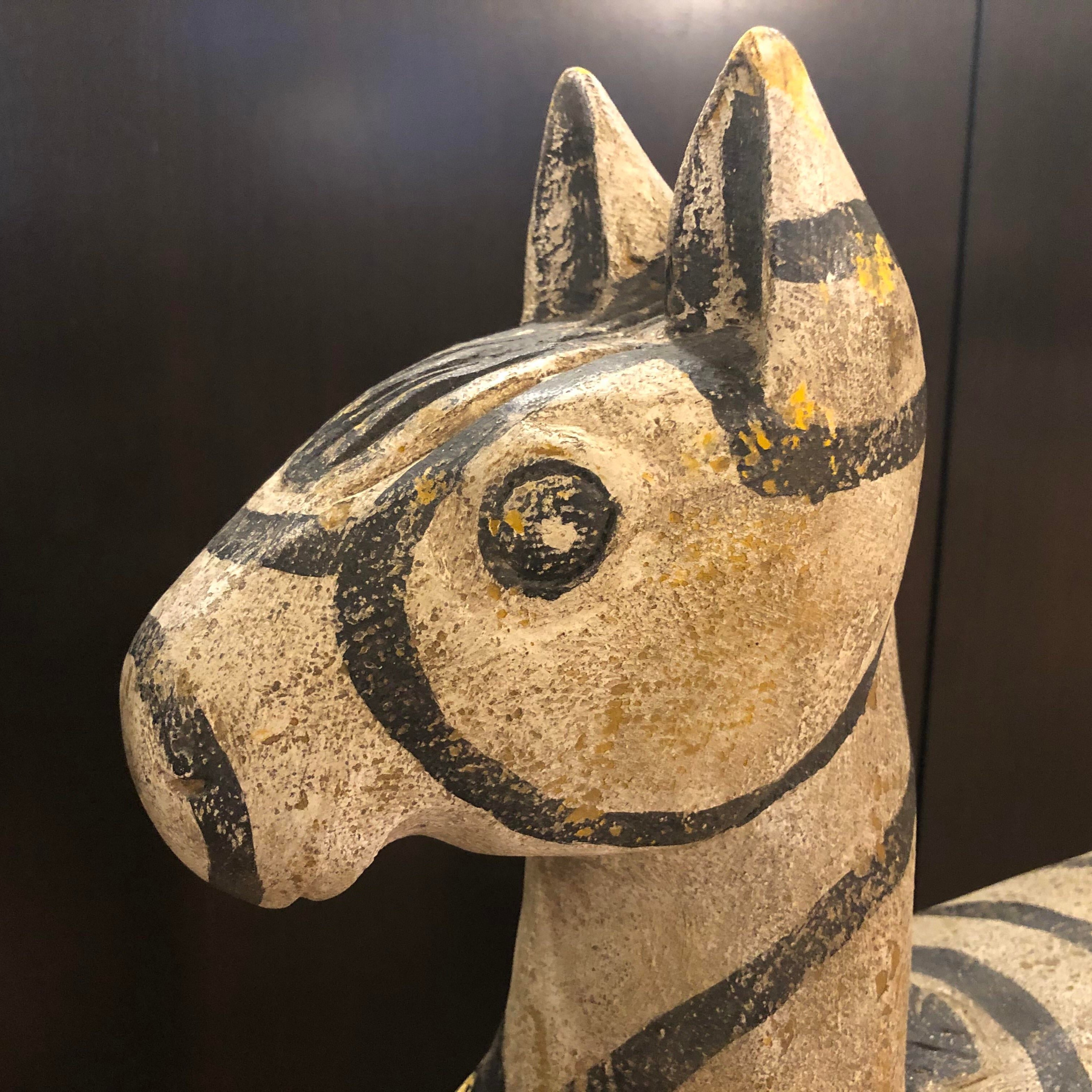 Vintage Wood Zebra Horse Sculpture