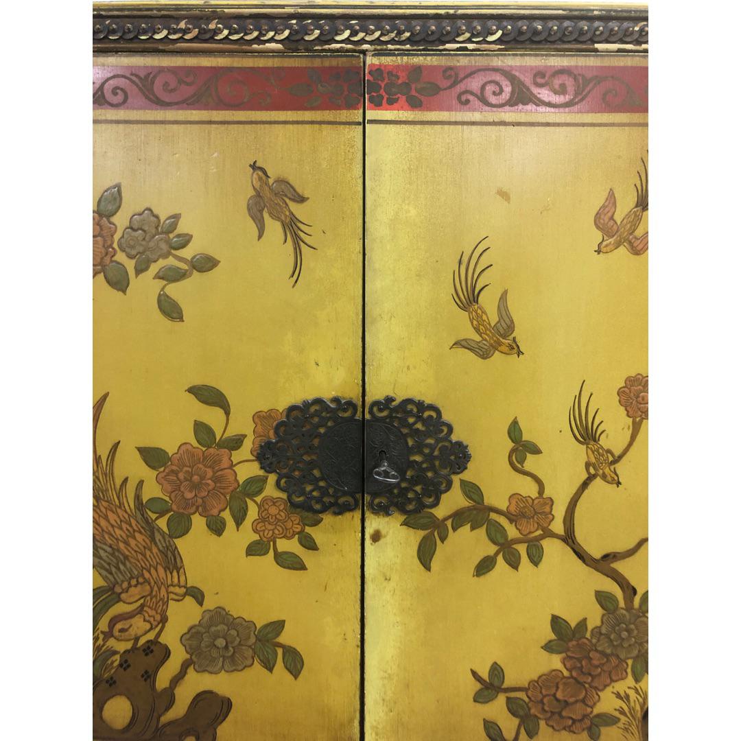 1920s Chinoiserie Yellow Cabinet Armoire Bar Cabinet