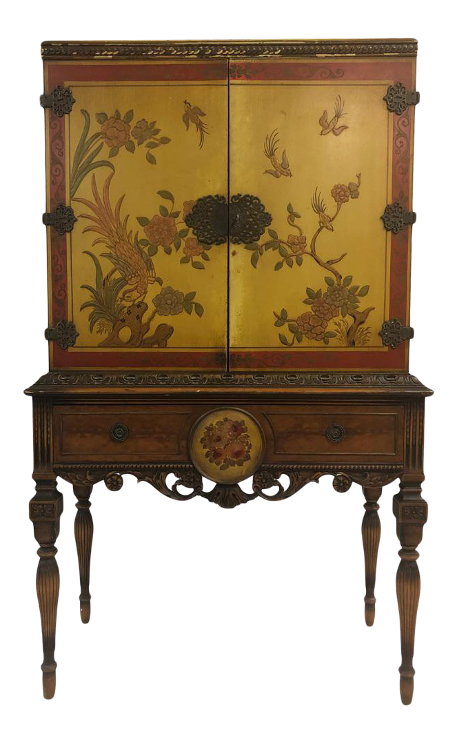1920s Chinoiserie Yellow Cabinet Armoire Bar Cabinet