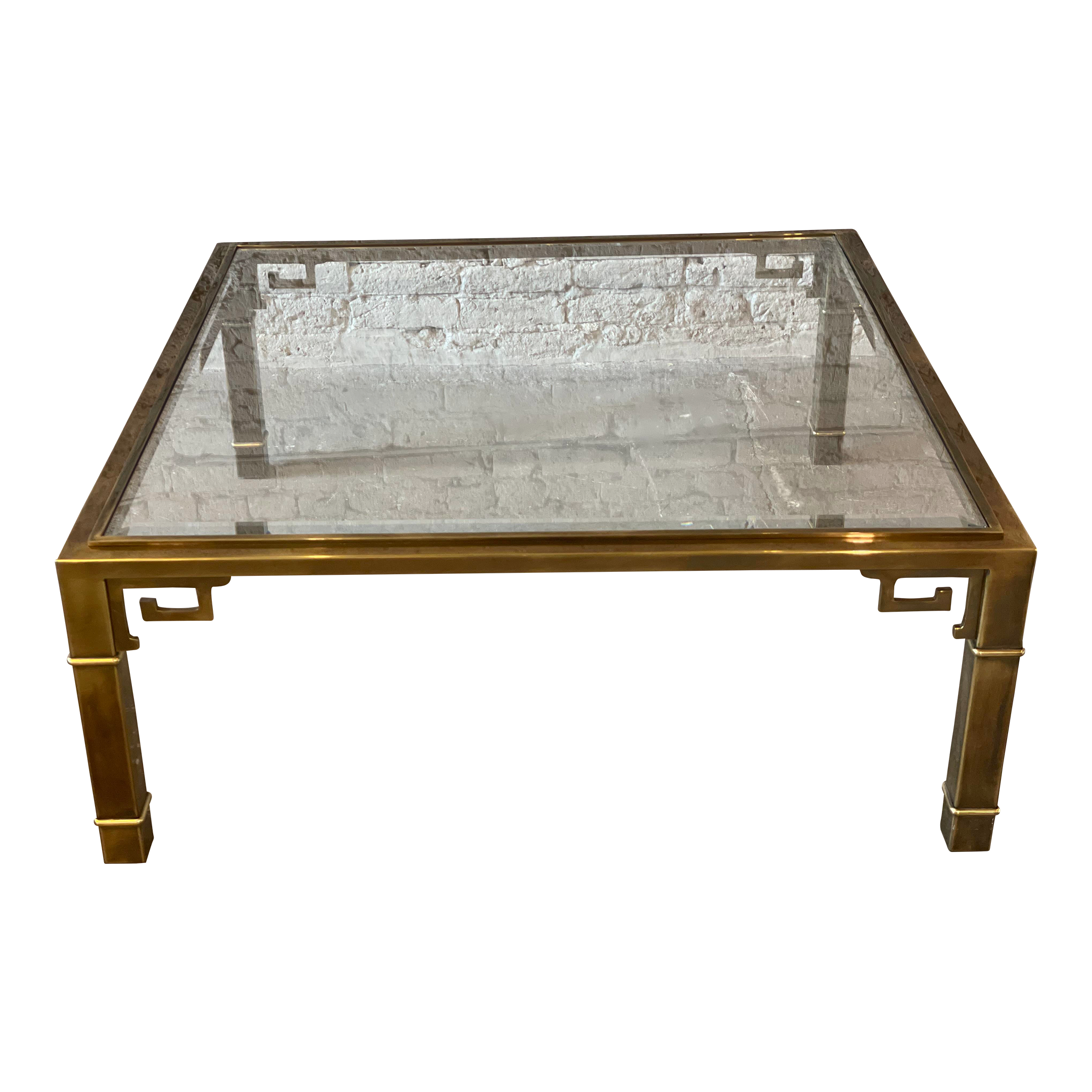 1970s Mastercraft Greek Key Brass and Glass Vintage Coffee Table