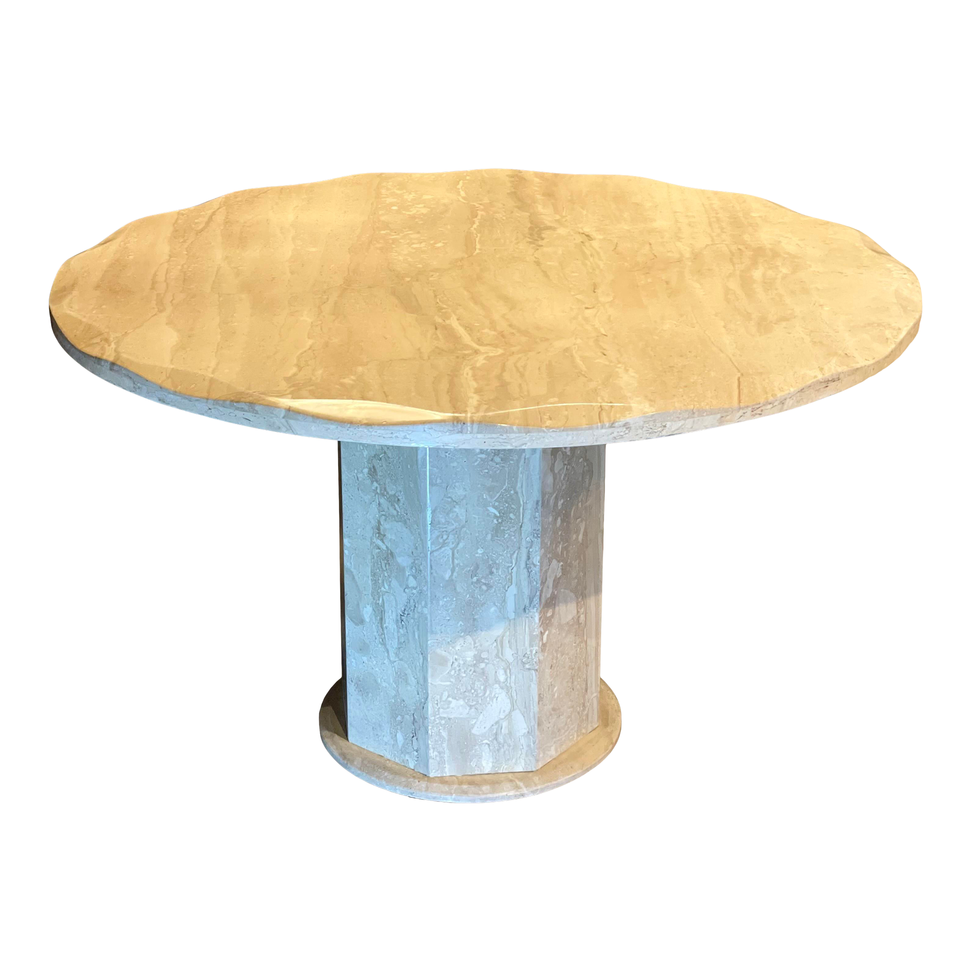 Postmodern Scalloped Edge Round Travertine Dining Table