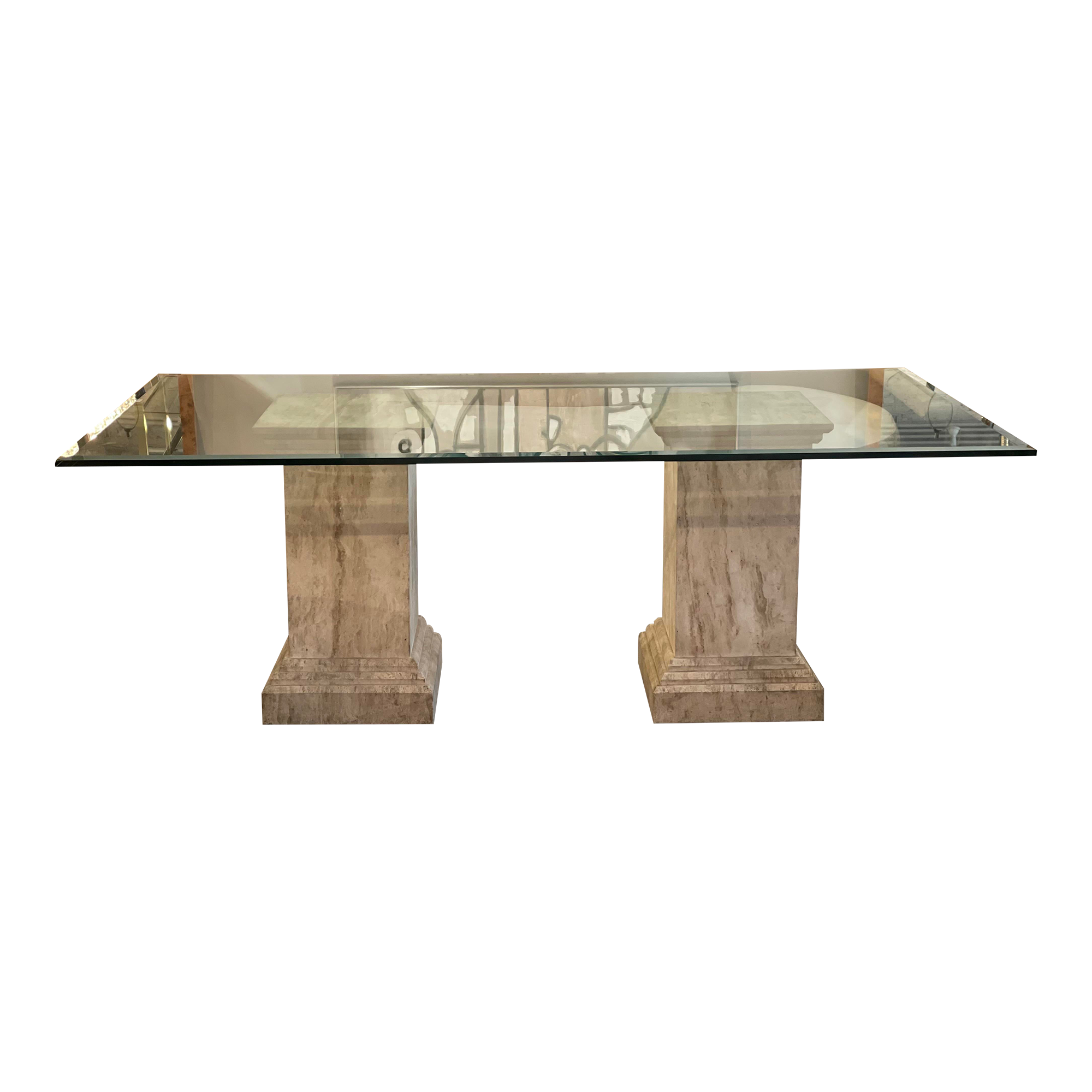 1980s Postmodern Travertine Pedestal Glass Dining Table