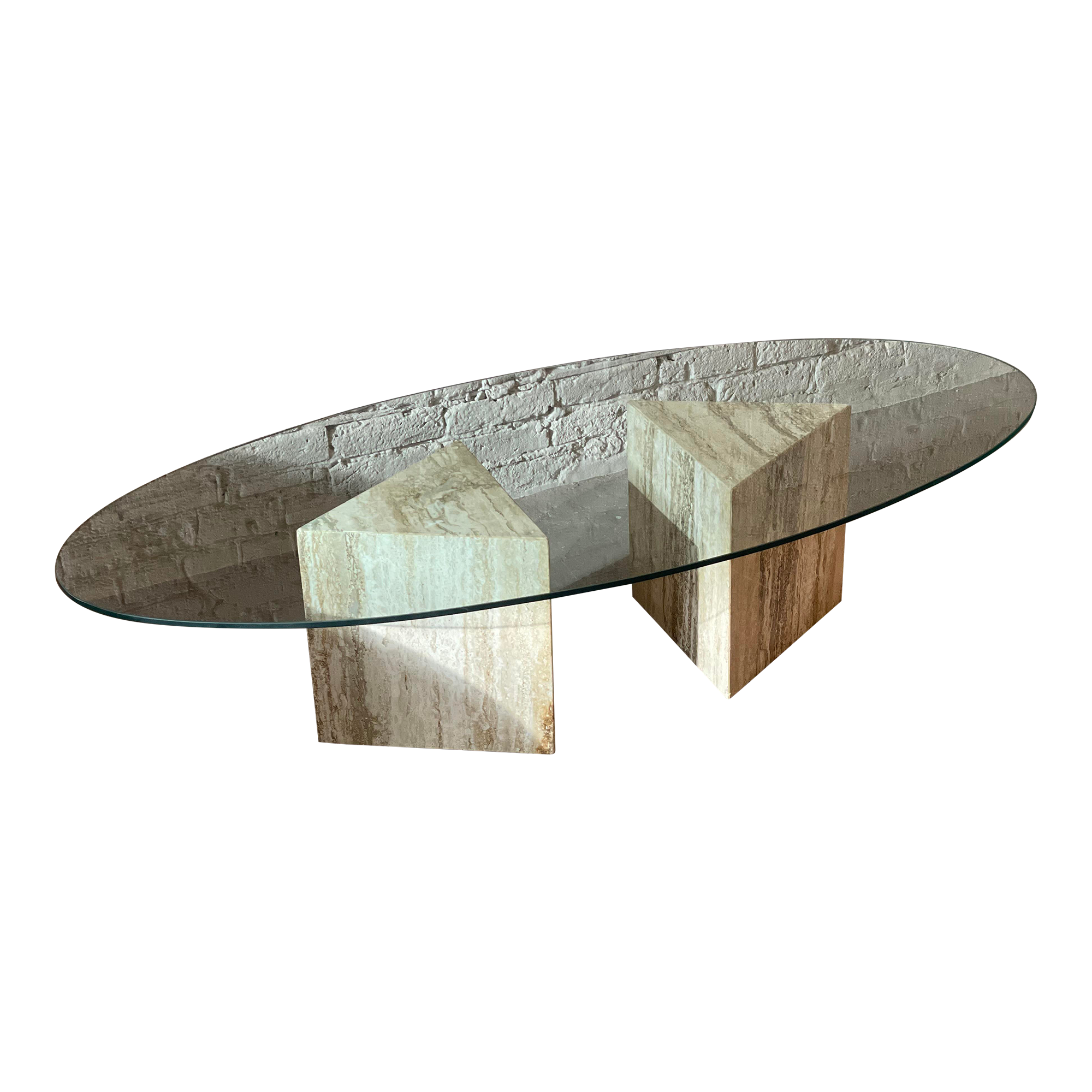 1980s Postmodern Triangle Base Travertine Coffee Table