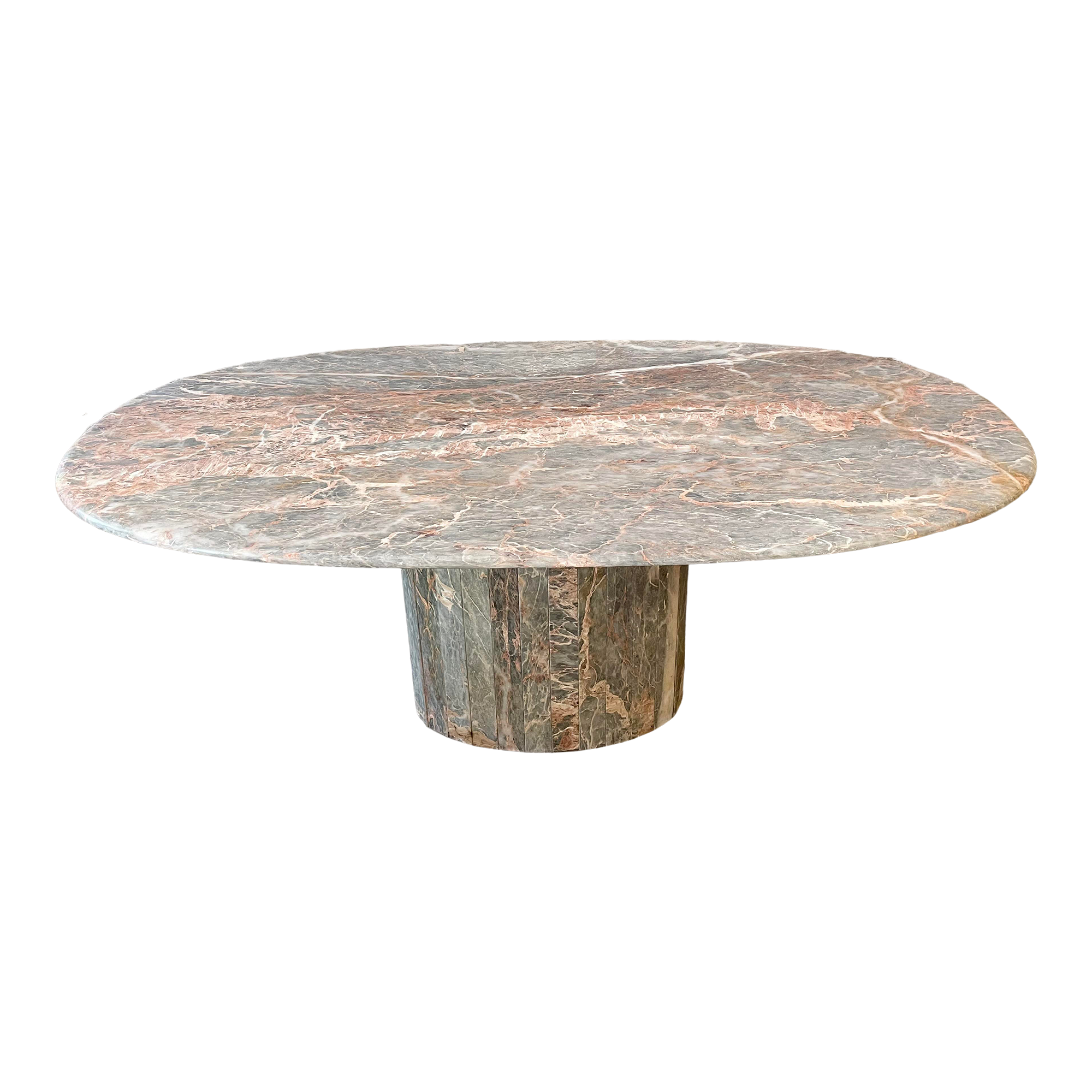Italian Postmodern Gray and Pastel Colored Channel Base Oval Marble Dining Table - 1970s