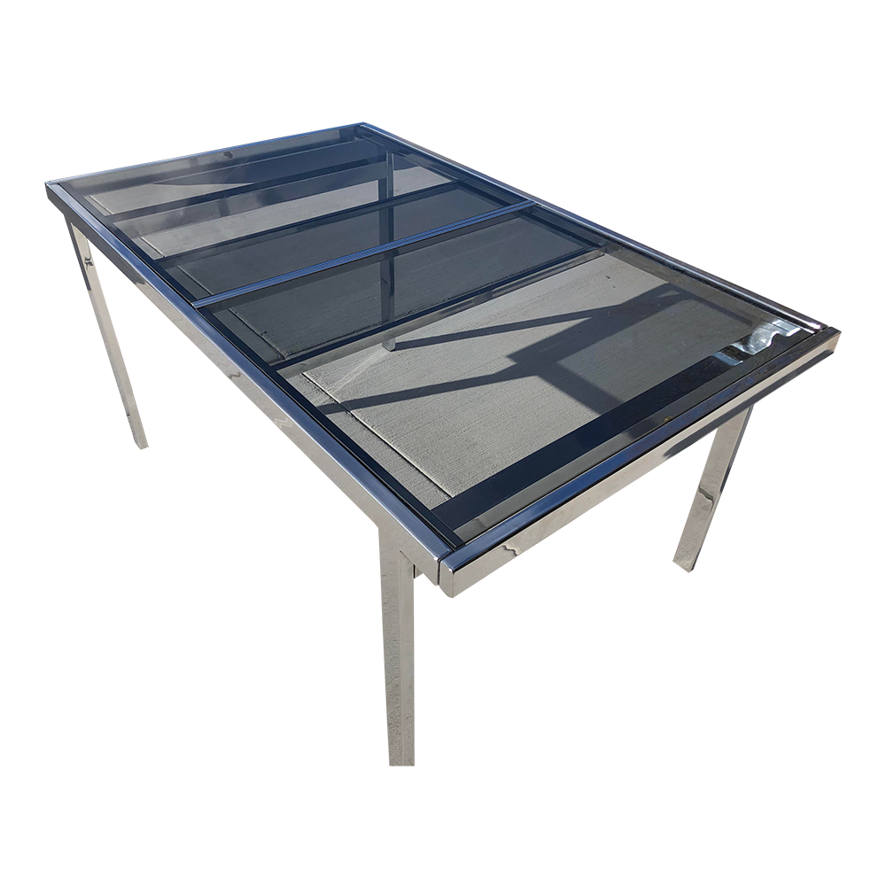 Milo Baughman Style Chrome Smoke Glass Dining Table