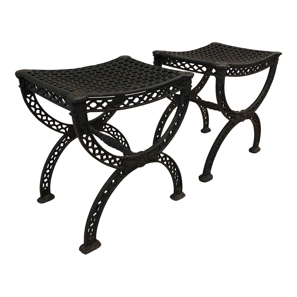 Vintage Antique Cast Iron Filigree X Benches Stools - a Pair