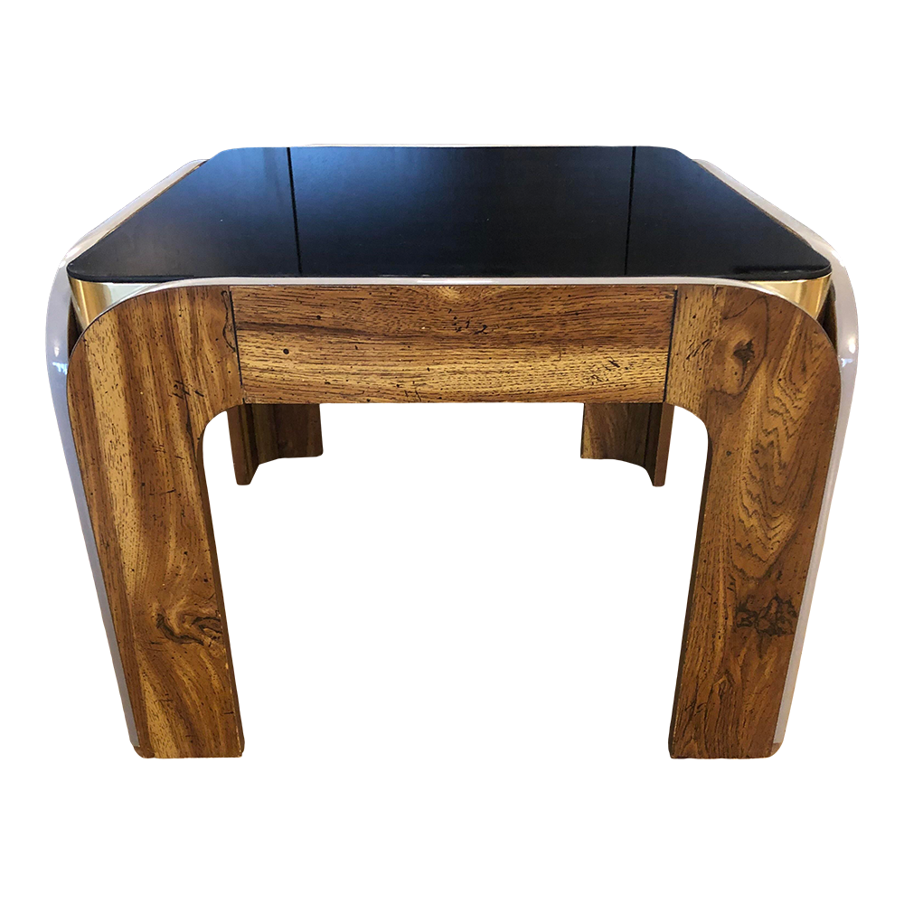 Vintage Post Modern Wood Brass and Black Glass Side Table