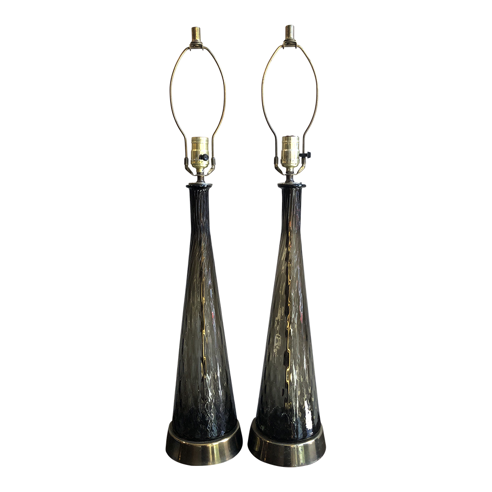 1970s Smokey Murano Glass and Brass Lamps - a Pair