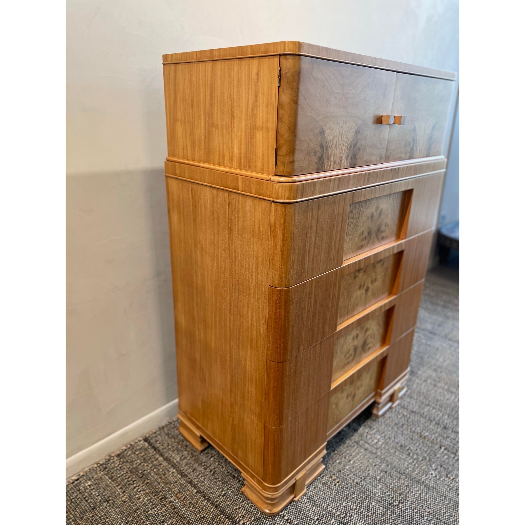 1930s Vintage Burled Wood Art Deco High Boy Cabinet