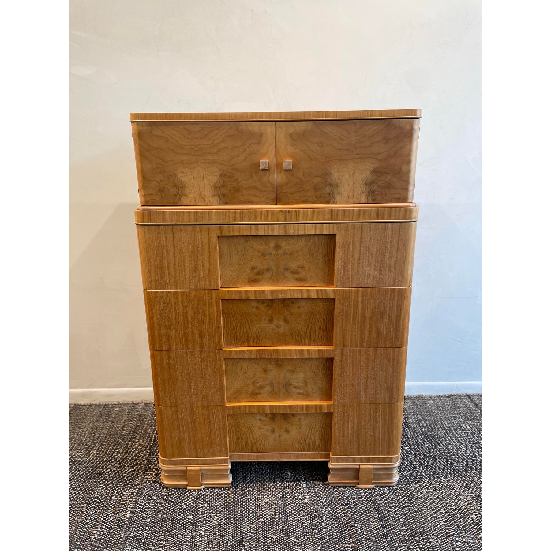 1930s Vintage Burled Wood Art Deco High Boy Cabinet