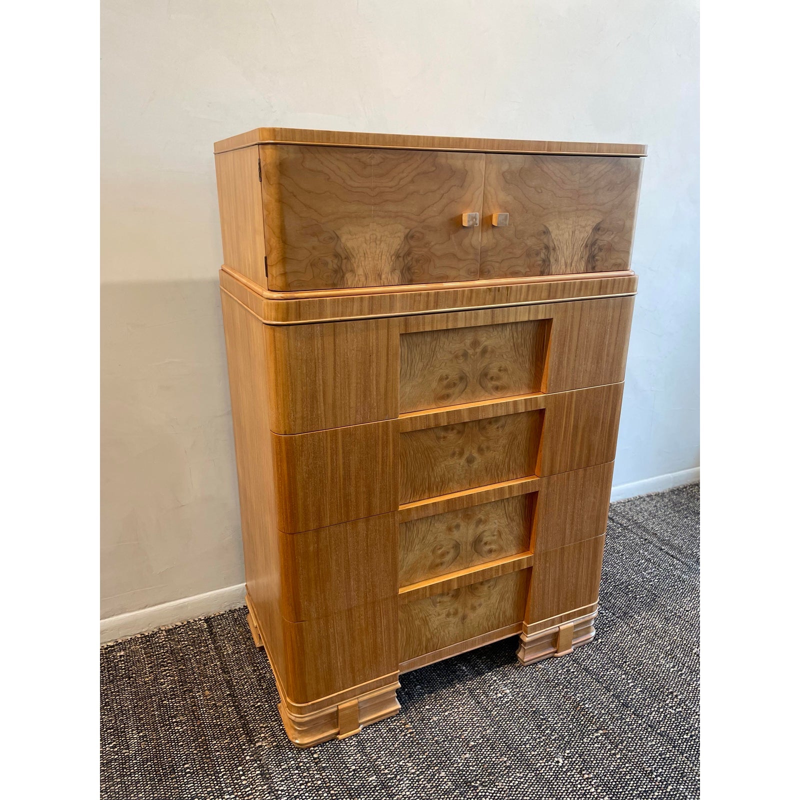 1930s Vintage Burled Wood Art Deco High Boy Cabinet