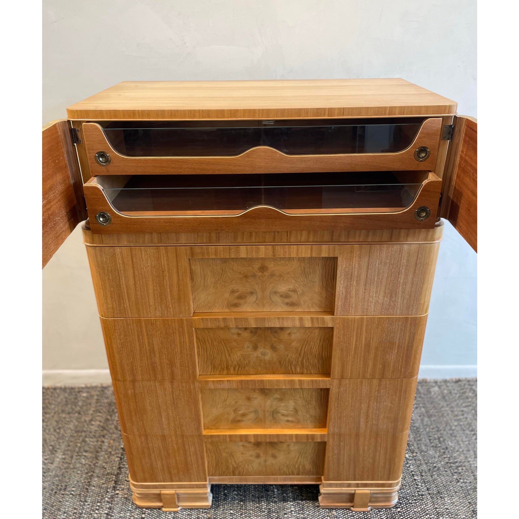 1930s Vintage Burled Wood Art Deco High Boy Cabinet