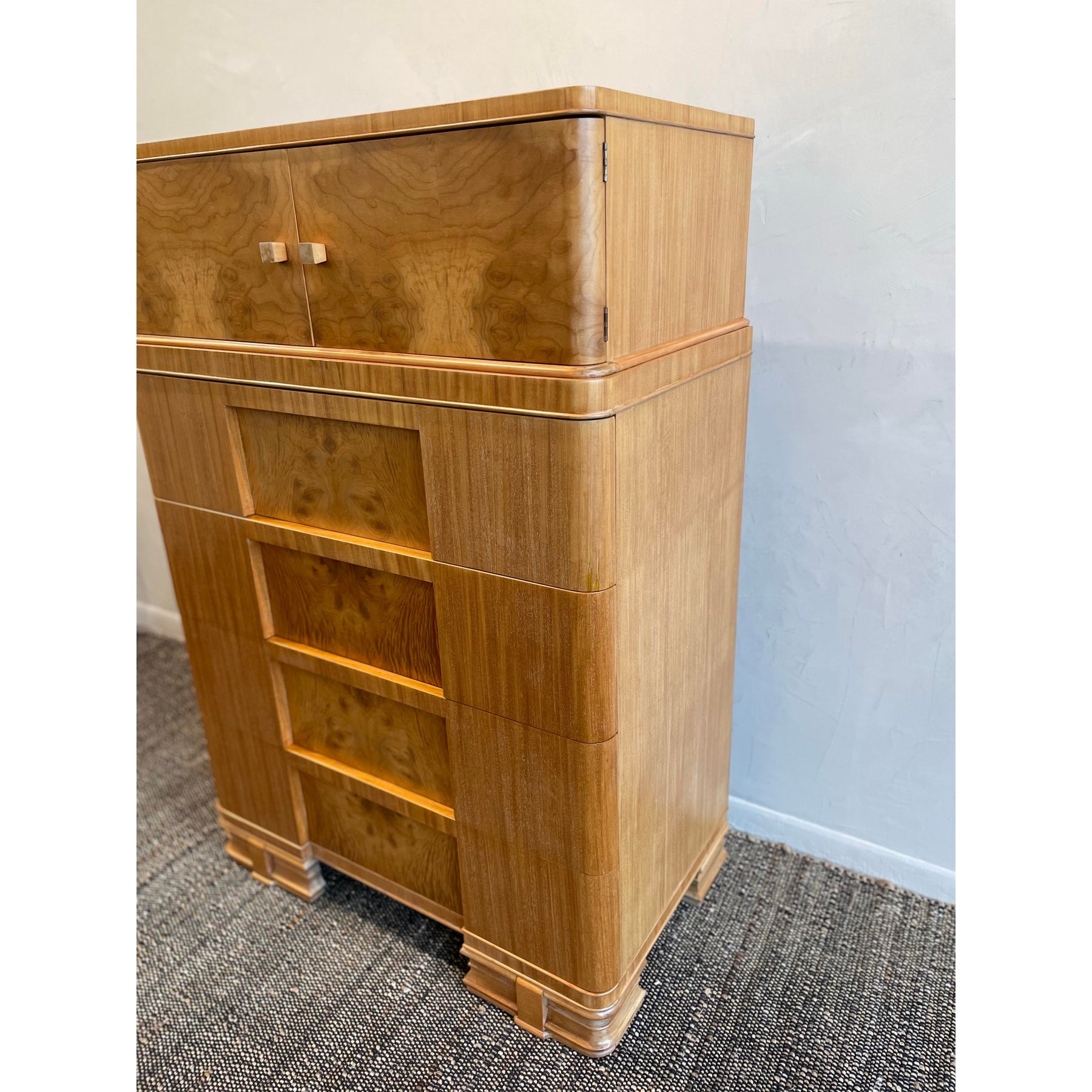 1930s Vintage Burled Wood Art Deco High Boy Cabinet