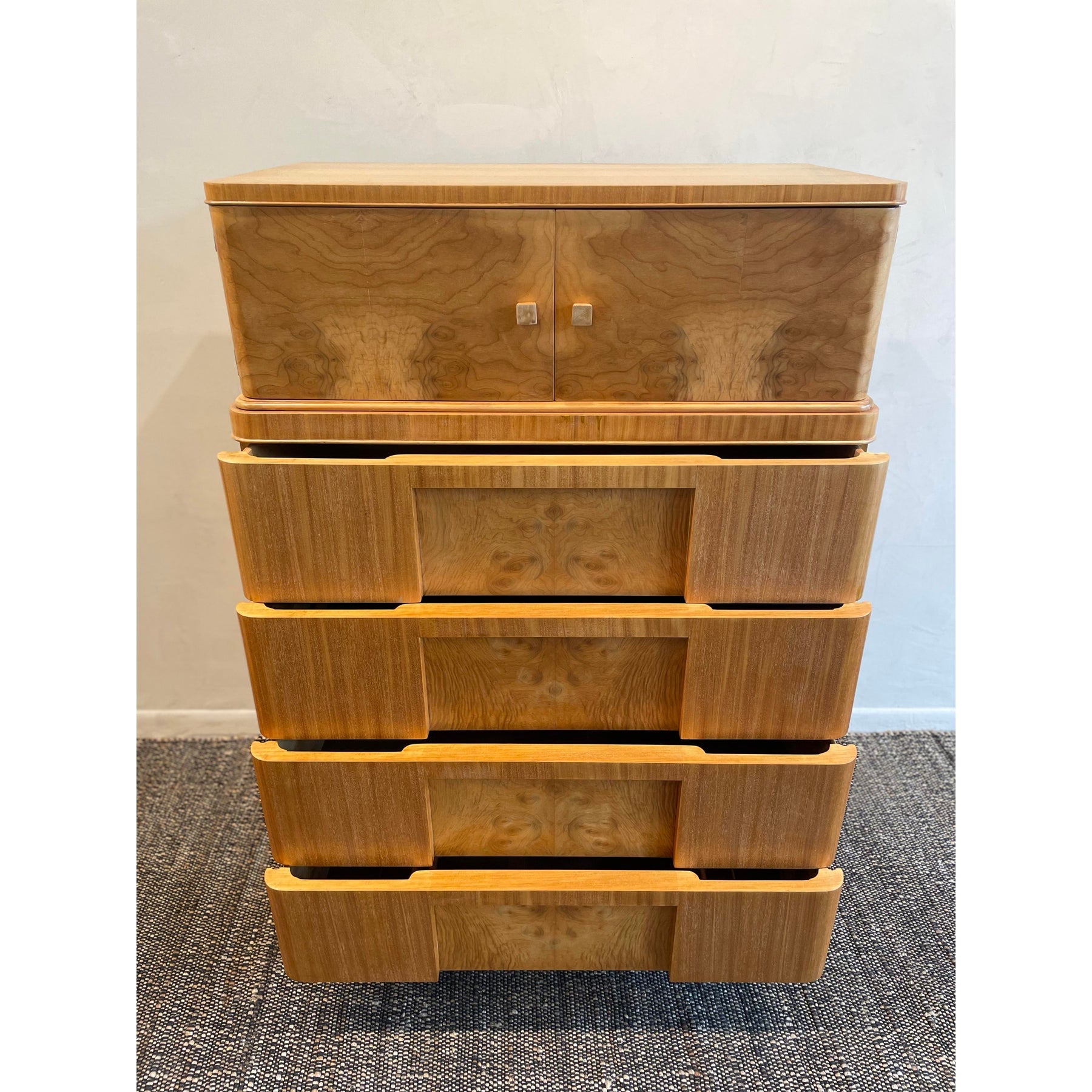 1930s Vintage Burled Wood Art Deco High Boy Cabinet