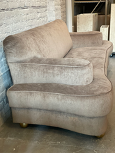 Load image into Gallery viewer, 1940s Taupe Velvet Sofa With Brass Feet
