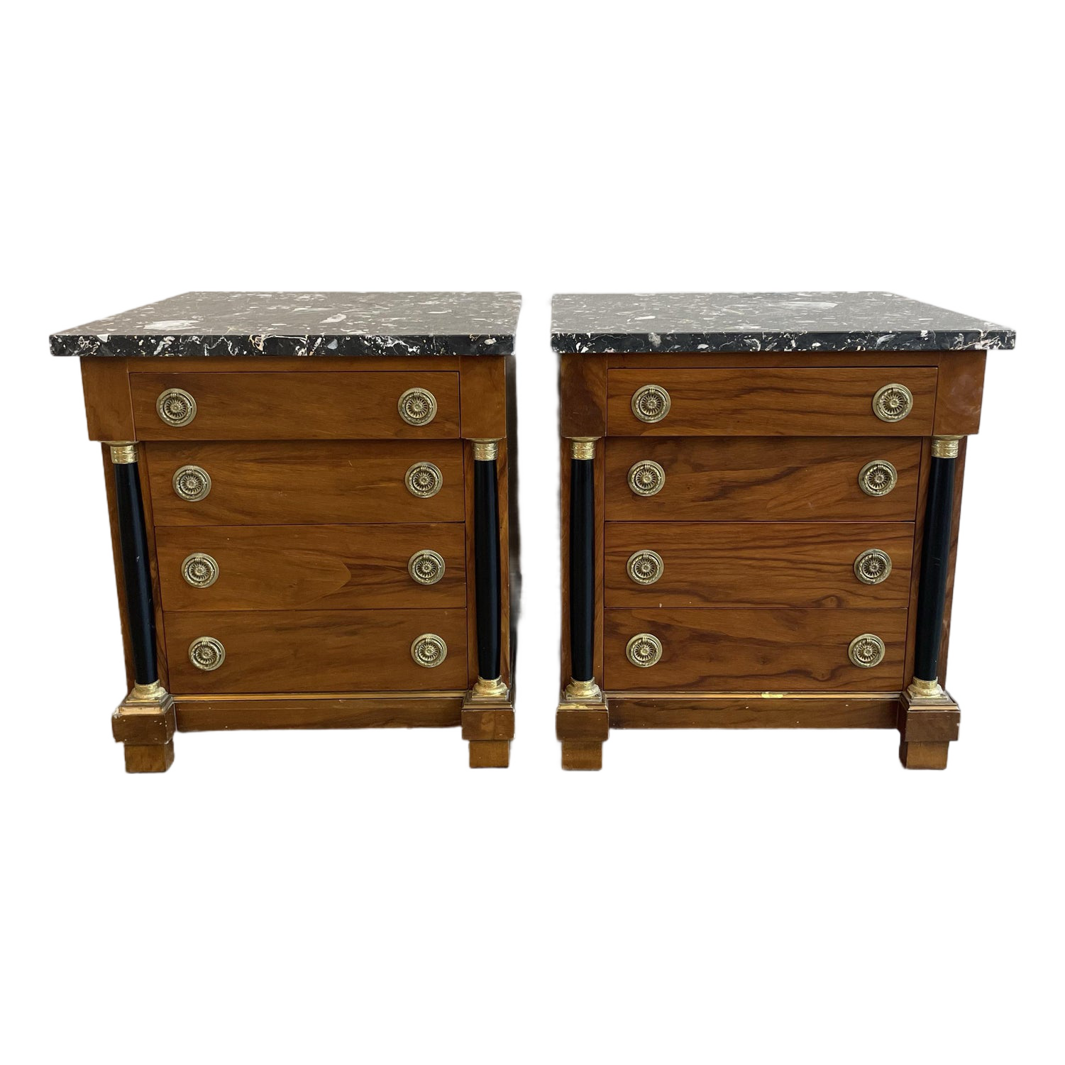 1940s Vintage Biedermeier Walnut Nightstands With Nero Portoro Marble Top - A Pair