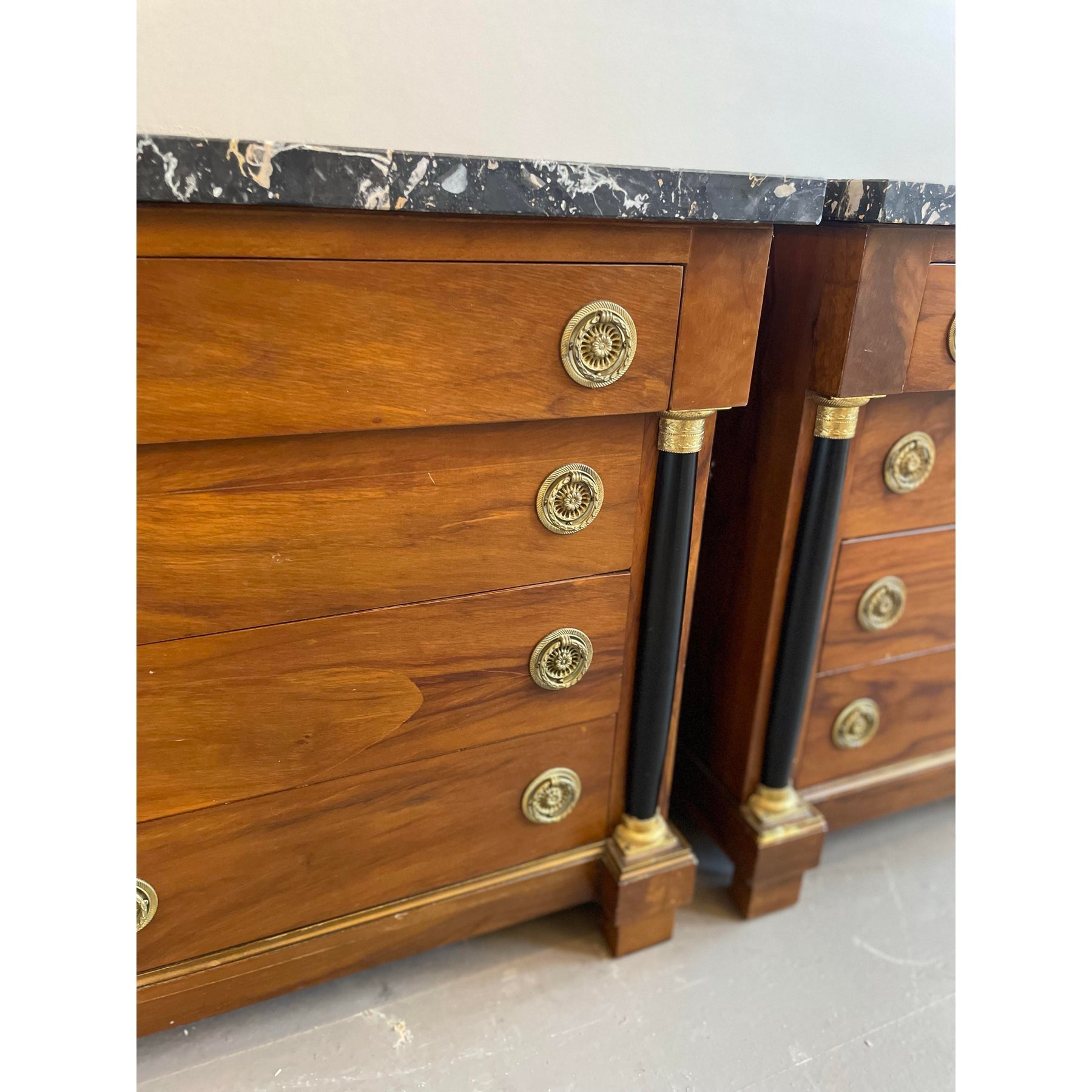 1940s Vintage Biedermeier Walnut Nightstands With Nero Portoro Marble Top - A Pair
