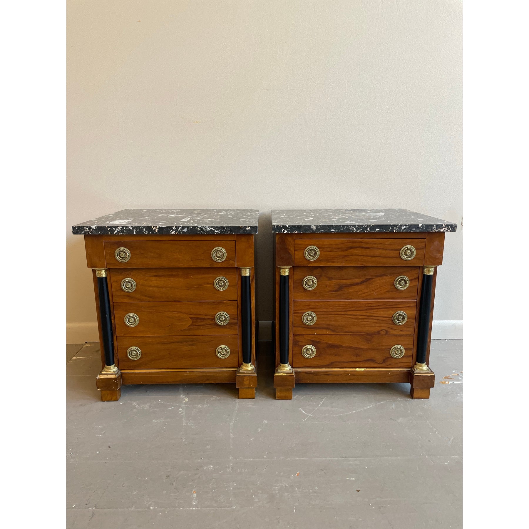 1940s Vintage Biedermeier Walnut Nightstands With Nero Portoro Marble Top - A Pair