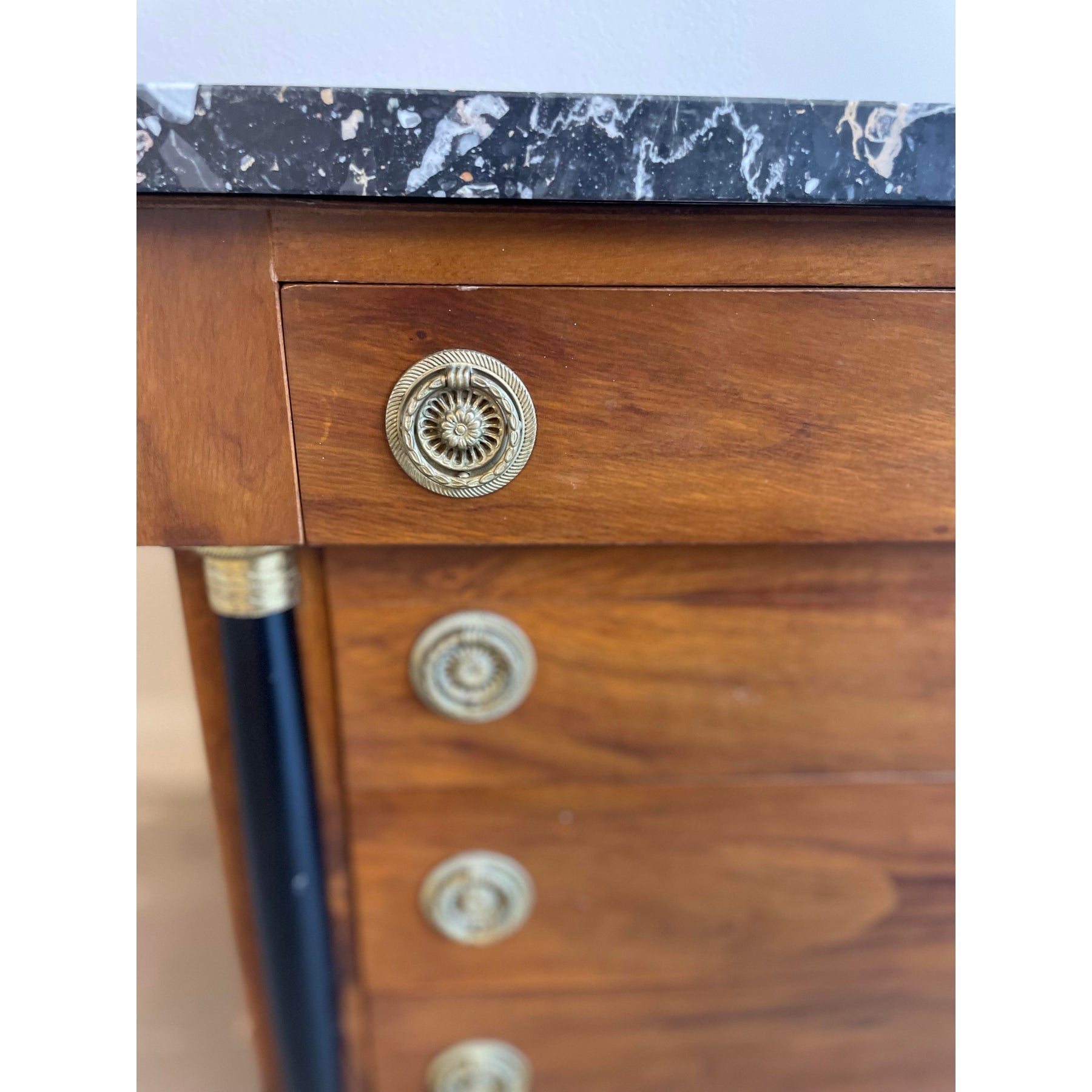 1940s Vintage Biedermeier Walnut Nightstands With Nero Portoro Marble Top - A Pair