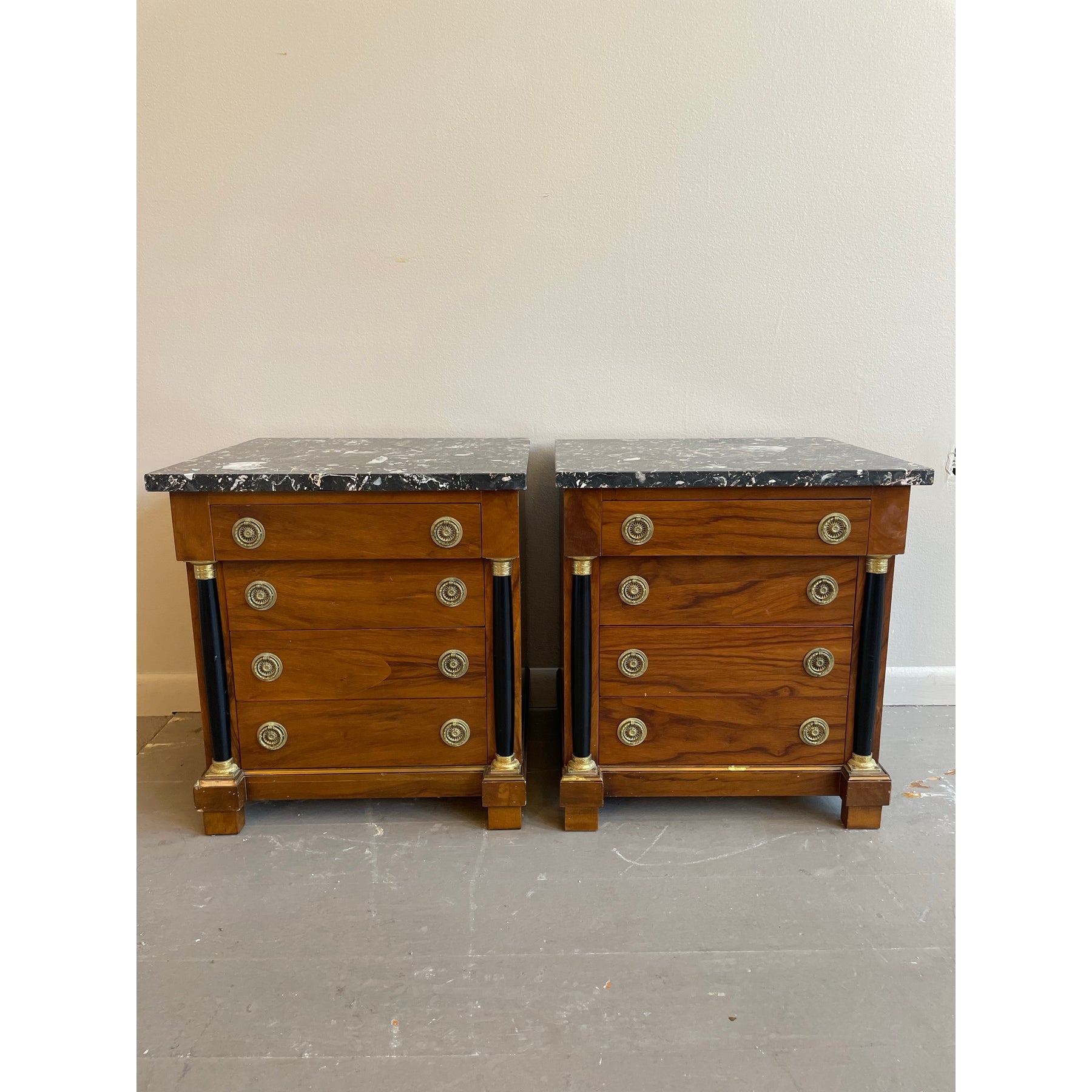 1940s Vintage Biedermeier Walnut Nightstands With Nero Portoro Marble Top - A Pair