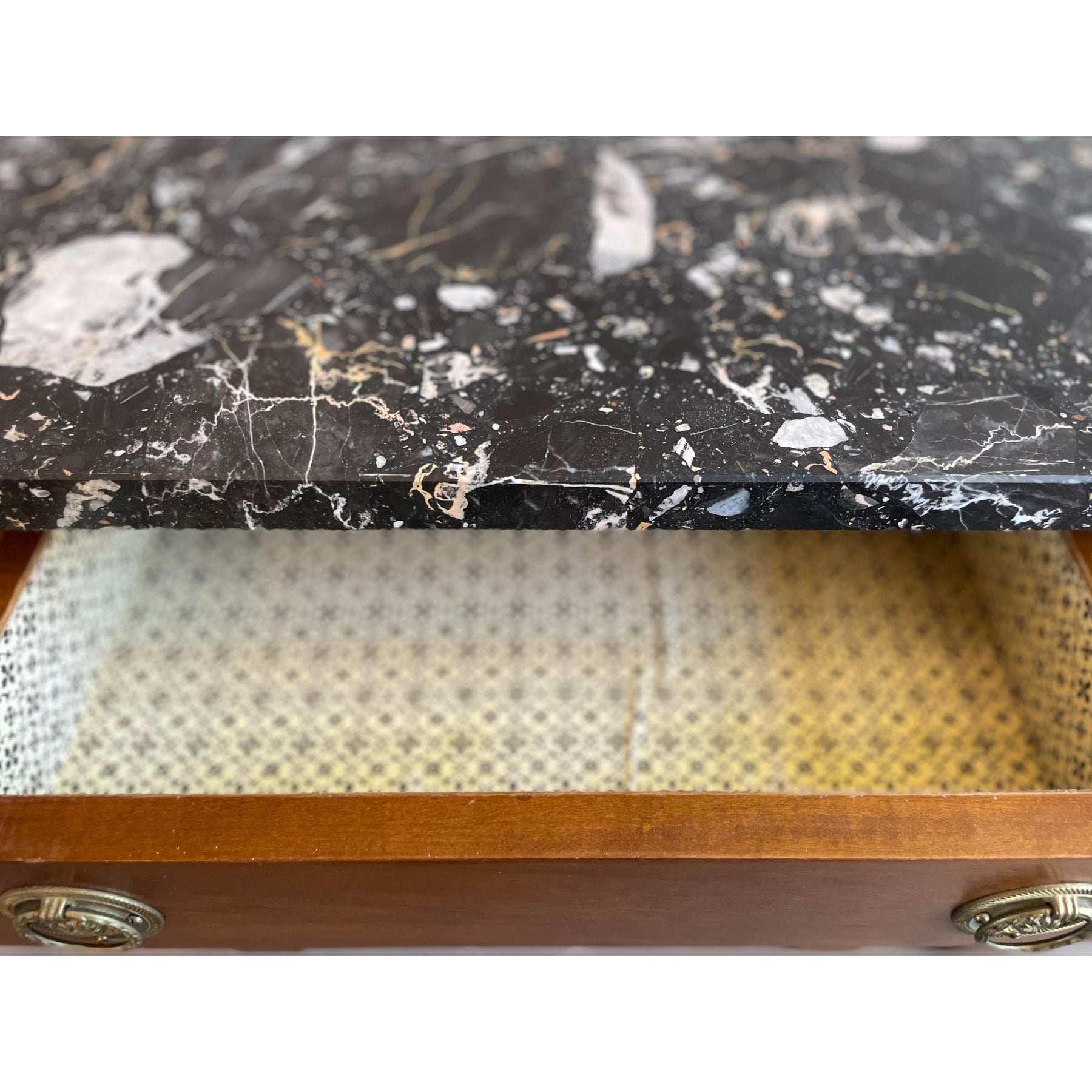 1940s Vintage Biedermeier Walnut Nightstands With Nero Portoro Marble Top - A Pair