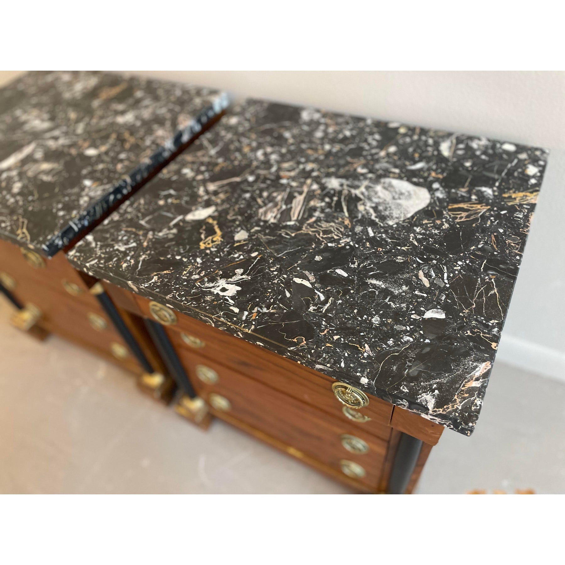 1940s Vintage Biedermeier Walnut Nightstands With Nero Portoro Marble Top - A Pair