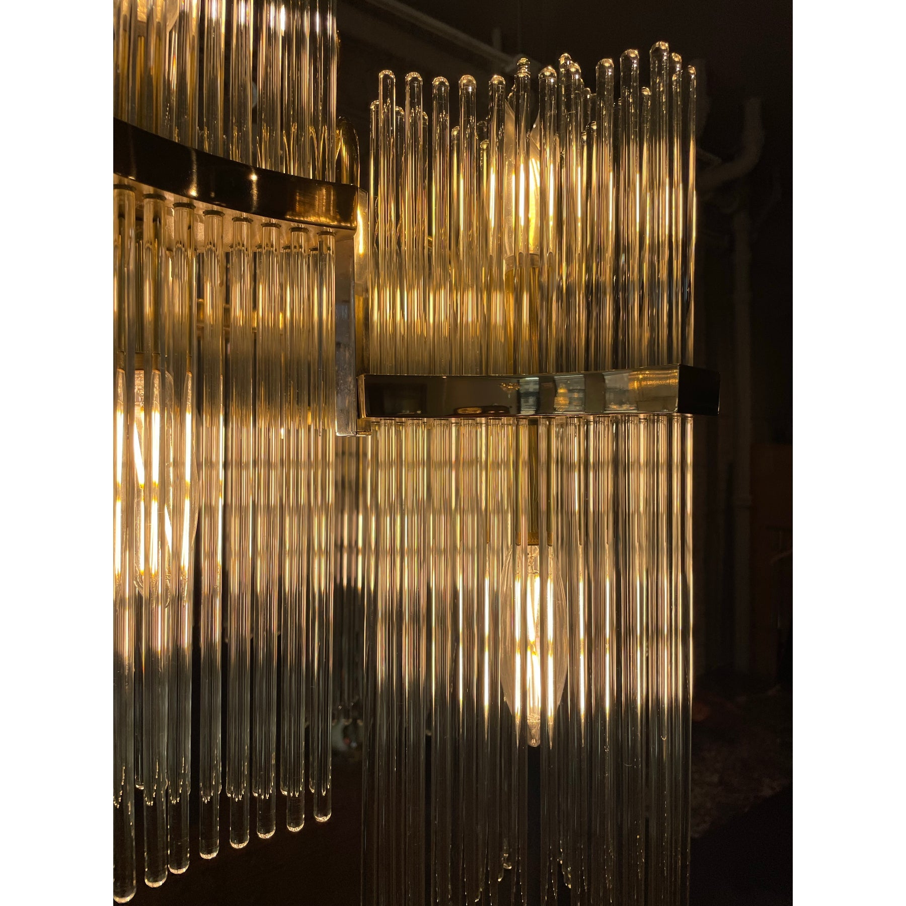 1970s Italian Vintage Gaetano Sciolari Glass Rod and Brass Chandelier