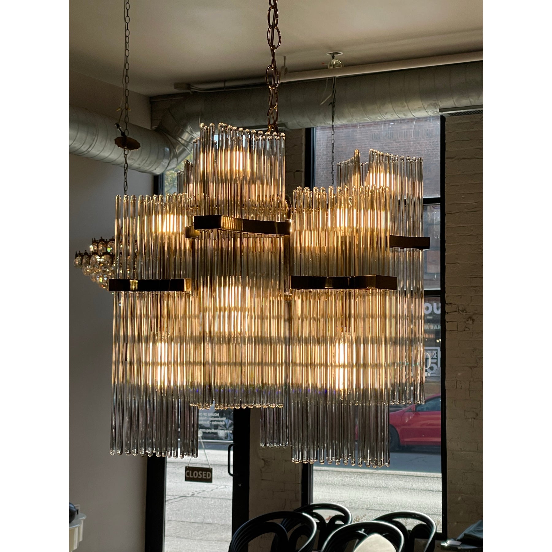 1970s Italian Vintage Gaetano Sciolari Glass Rod and Brass Chandelier