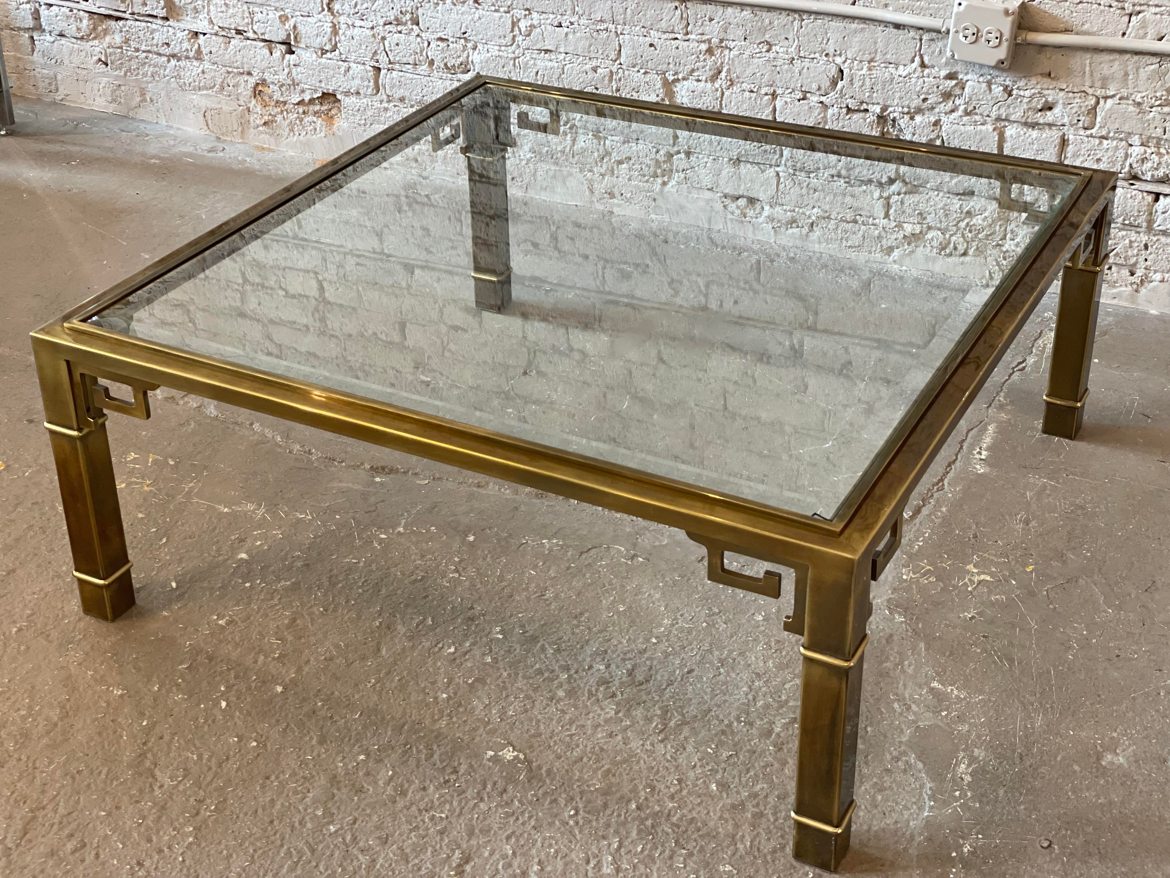 1970s Mastercraft Greek Key Brass and Glass Vintage Coffee Table