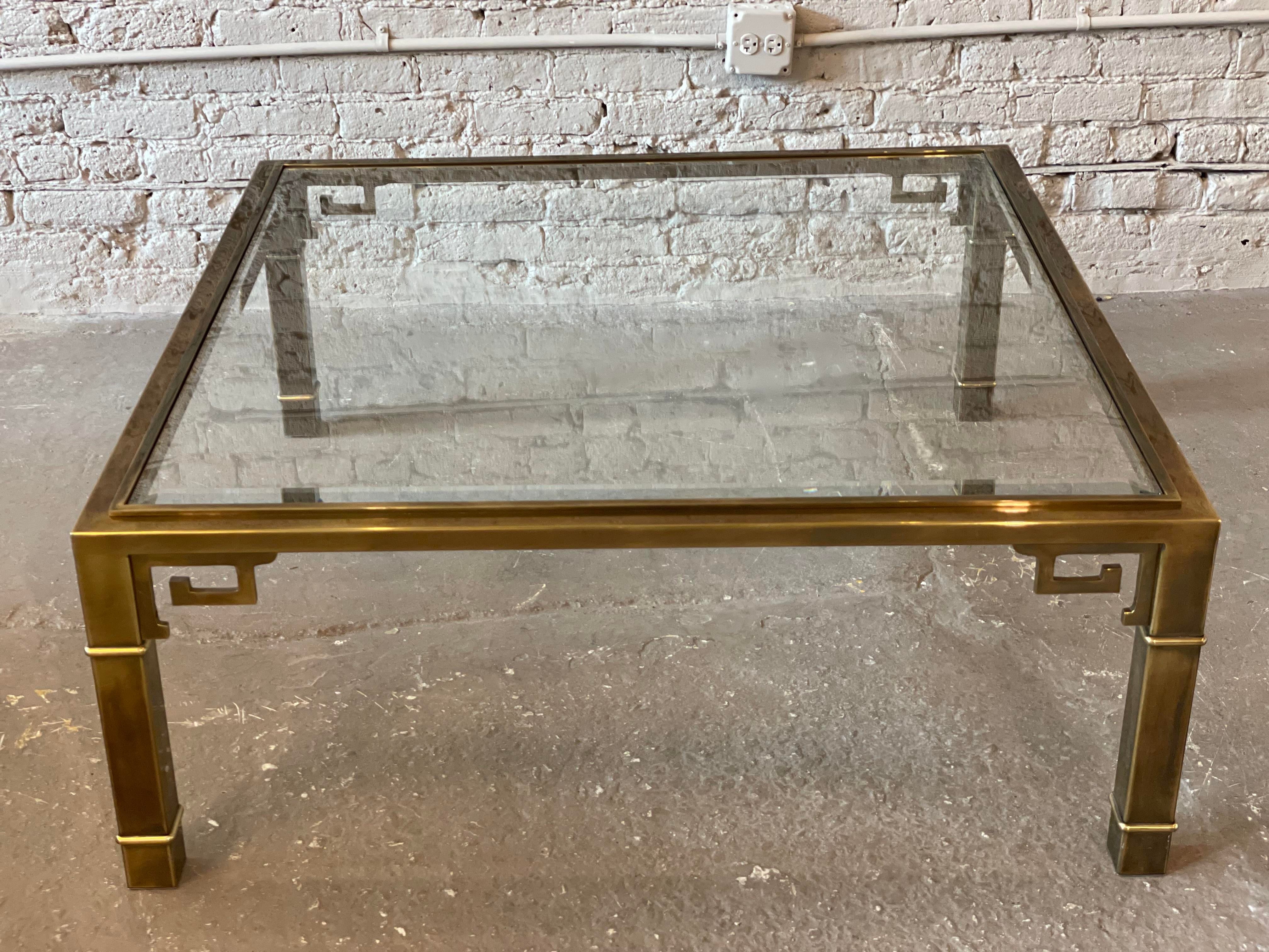 1970s Mastercraft Greek Key Brass and Glass Vintage Coffee Table