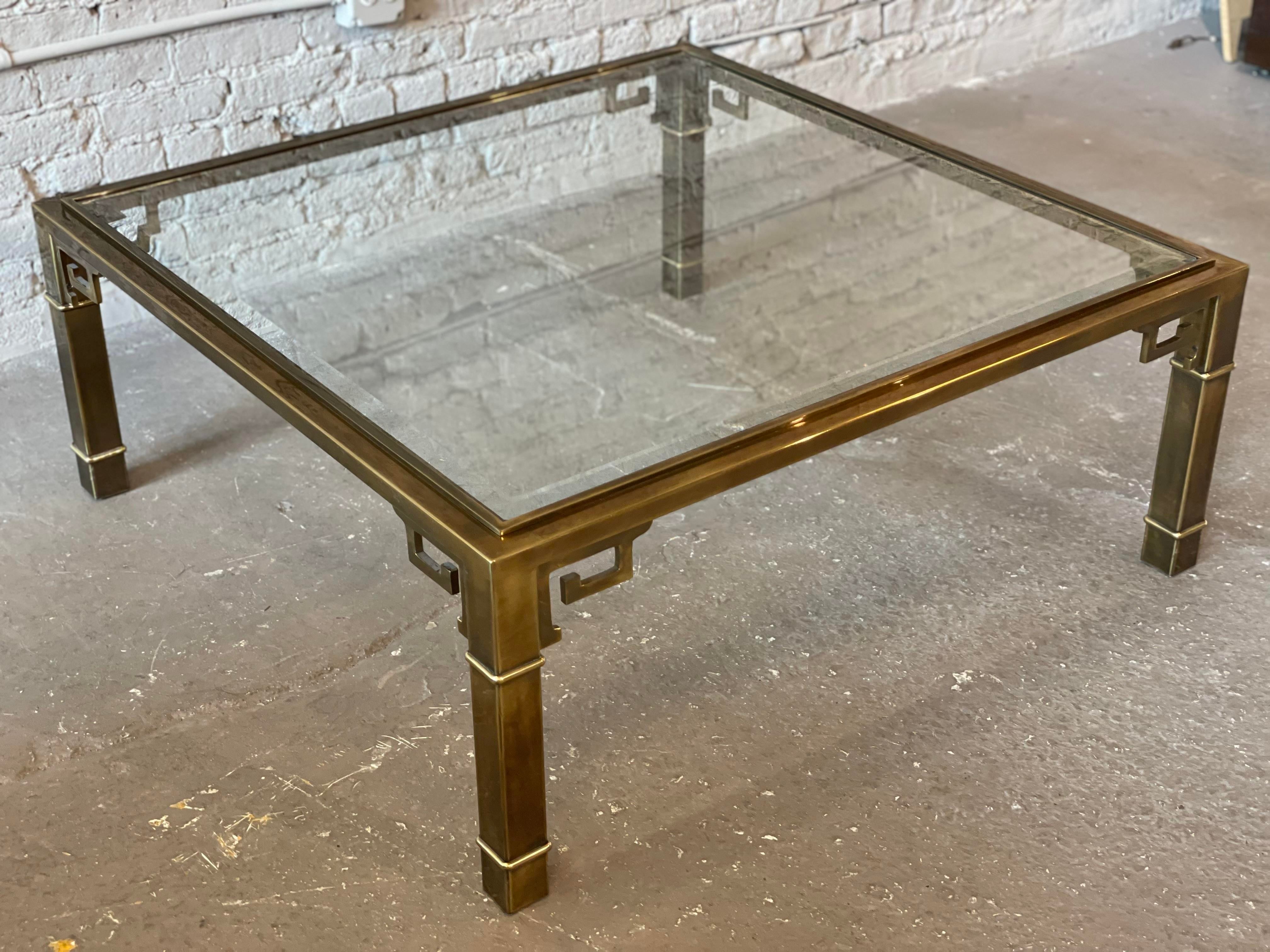 1970s Mastercraft Greek Key Brass and Glass Vintage Coffee Table
