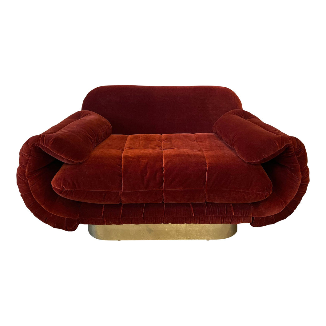 1970s Red Loveseat with Curved Arms & Brass Plinth Base