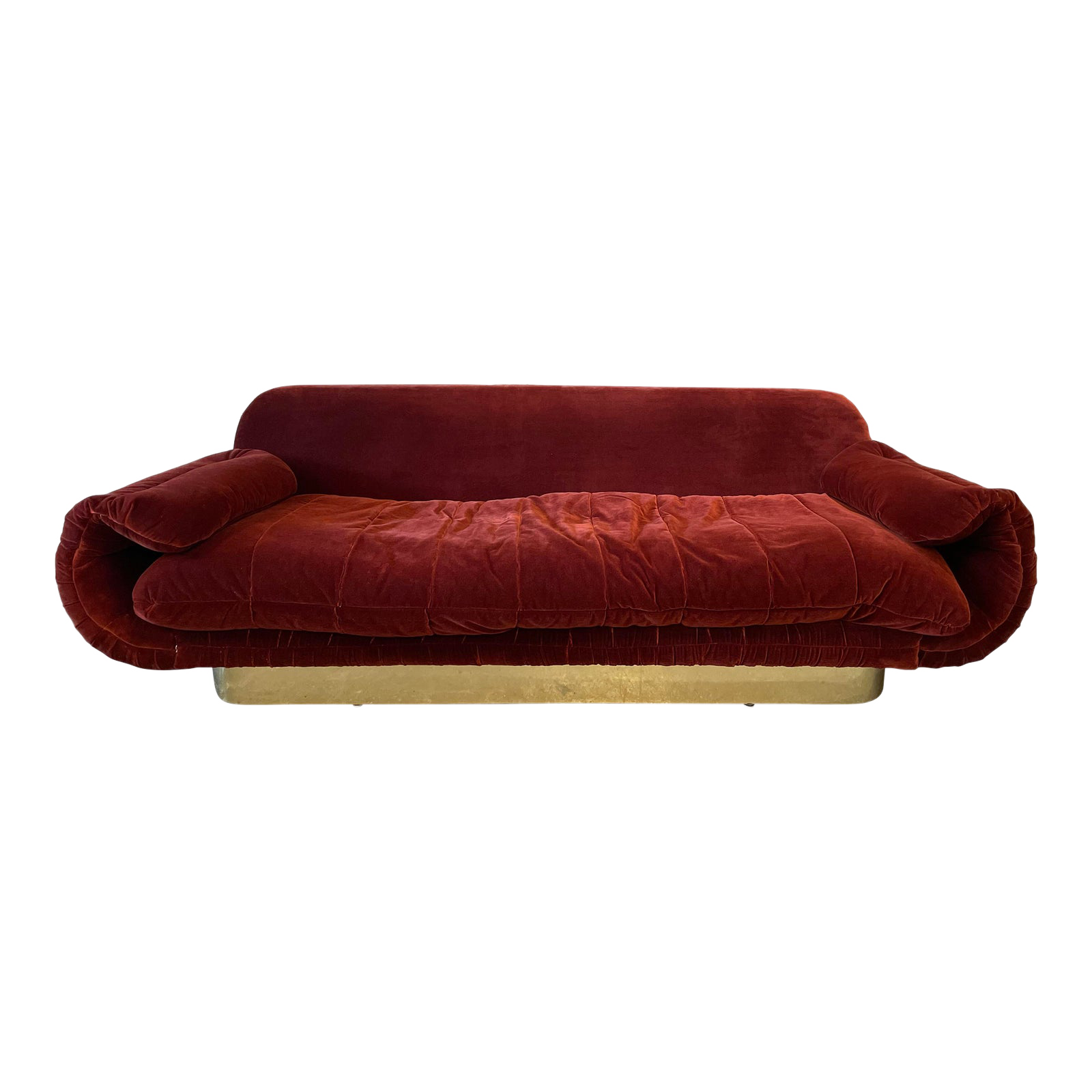 1970s Sofa With Curved Arm and Brass Plinth Base