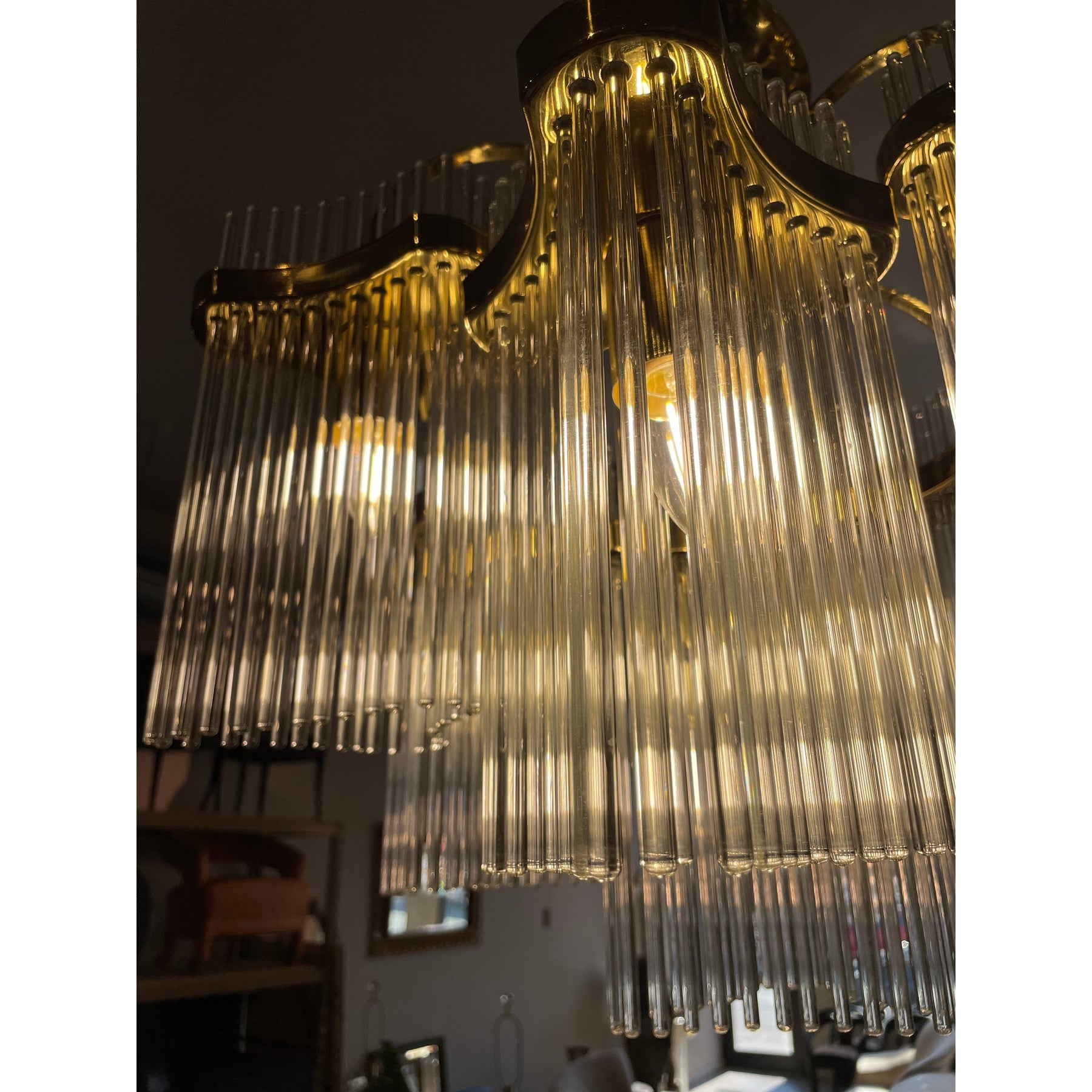 1970s Vintage Arched Italian Gaetano Sciolari Chandelier With Glass Rods and Brass
