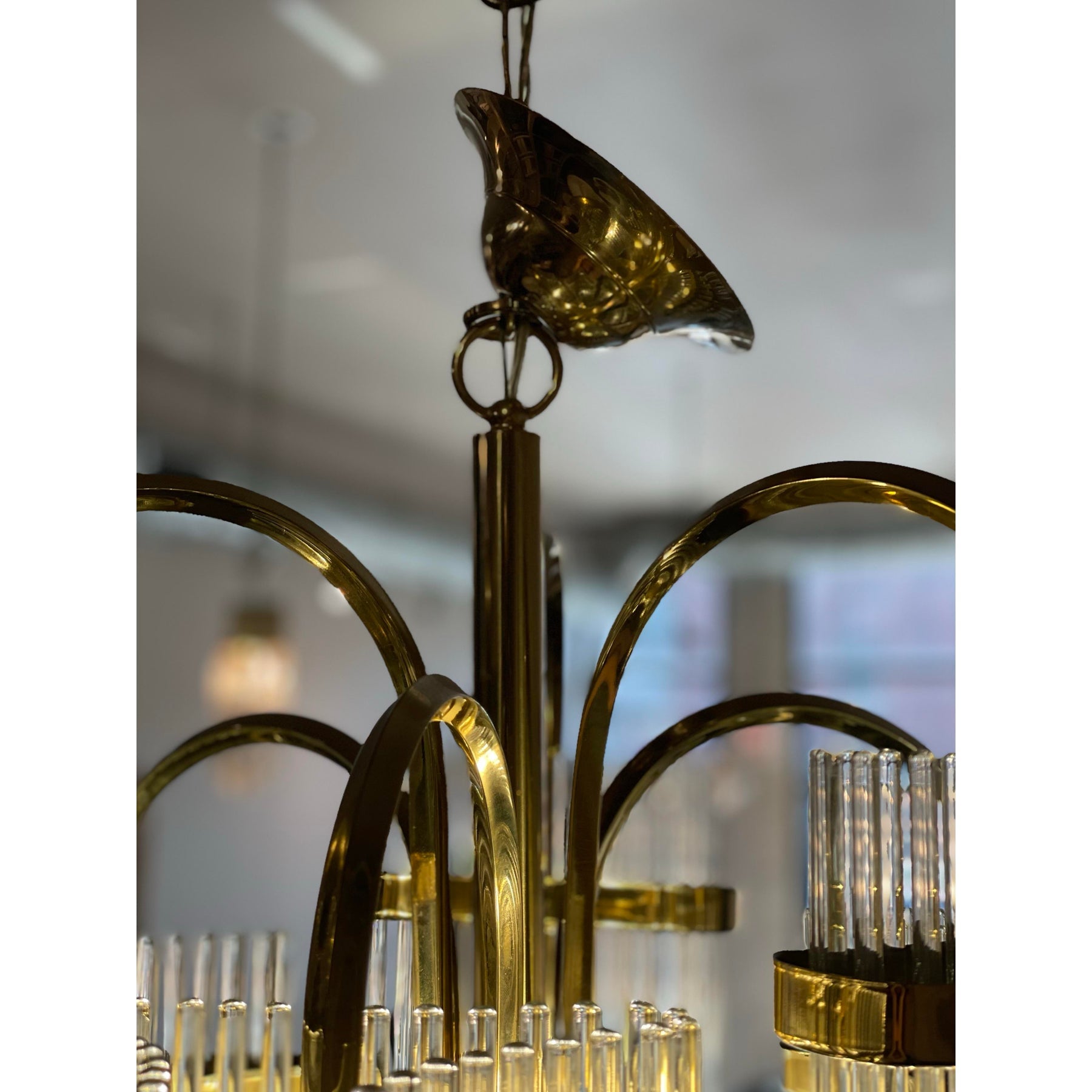 1970s Vintage Arched Italian Gaetano Sciolari Chandelier With Glass Rods and Brass