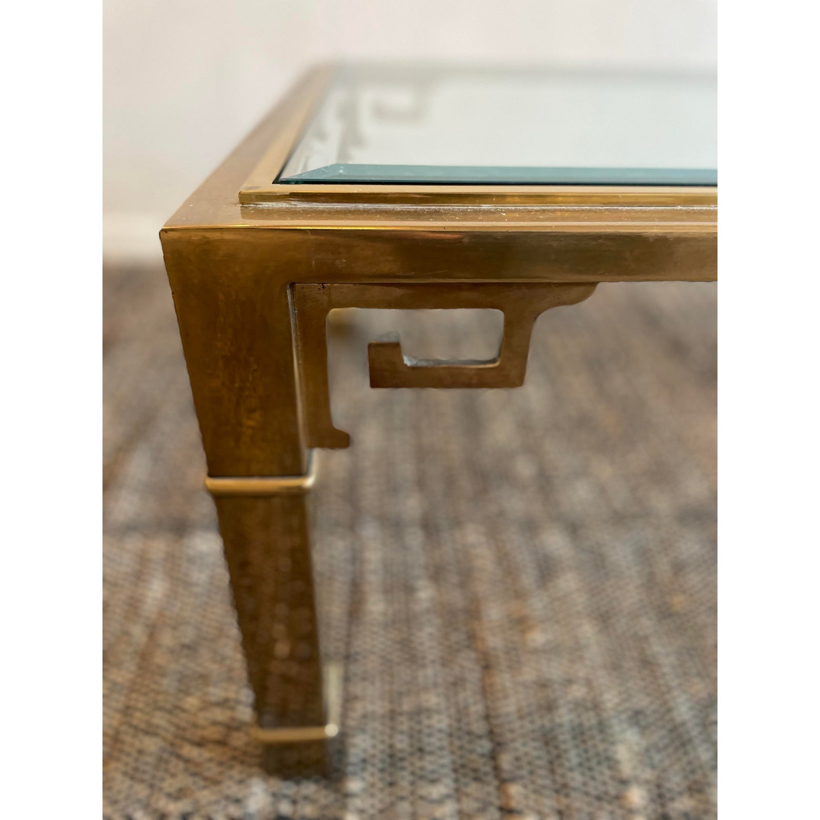 1970s Vintage in the Manner of Mastercraft Greek Key Brass and Glass Coffee Table
