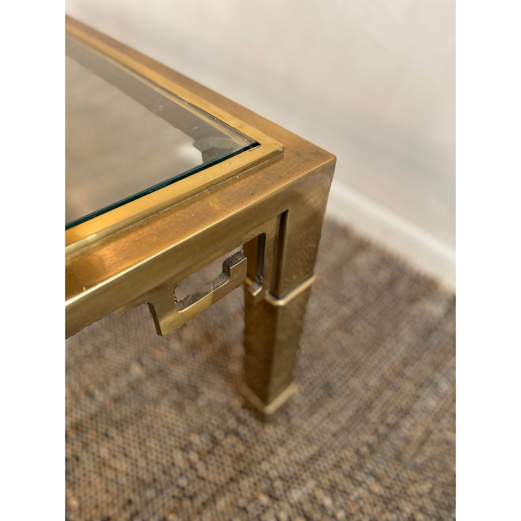 1970s Vintage in the Manner of Mastercraft Greek Key Brass and Glass Coffee Table