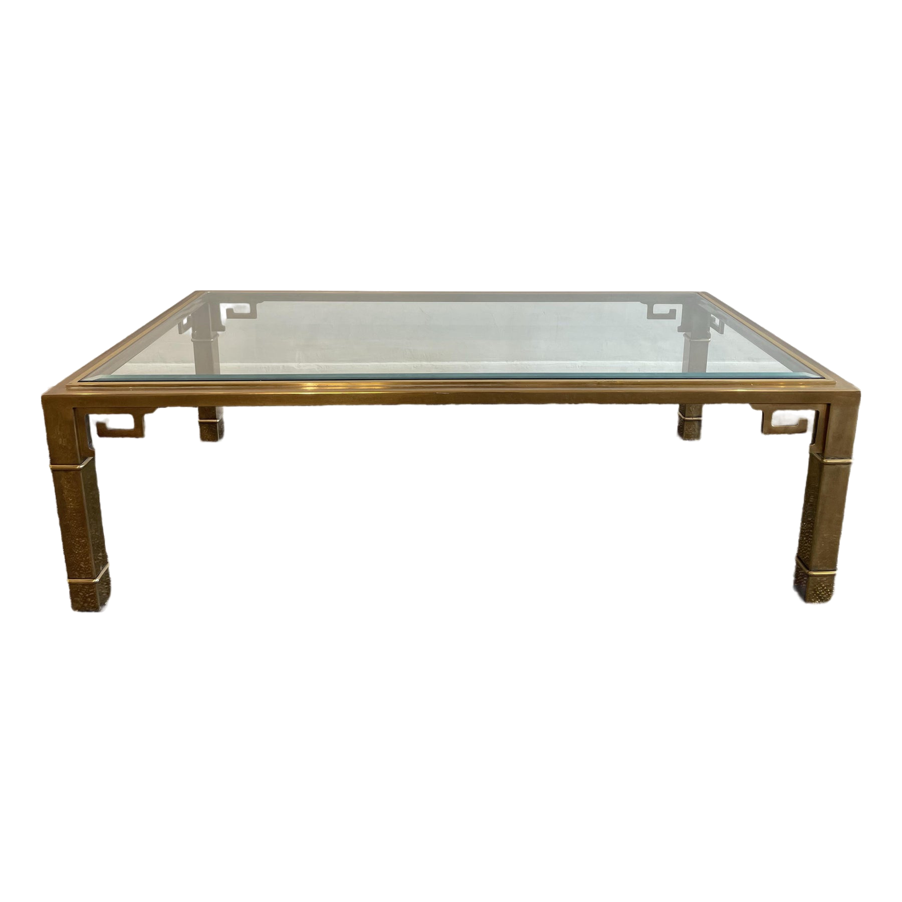 1970s Vintage in the Manner of Mastercraft Greek Key Brass and Glass Coffee Table