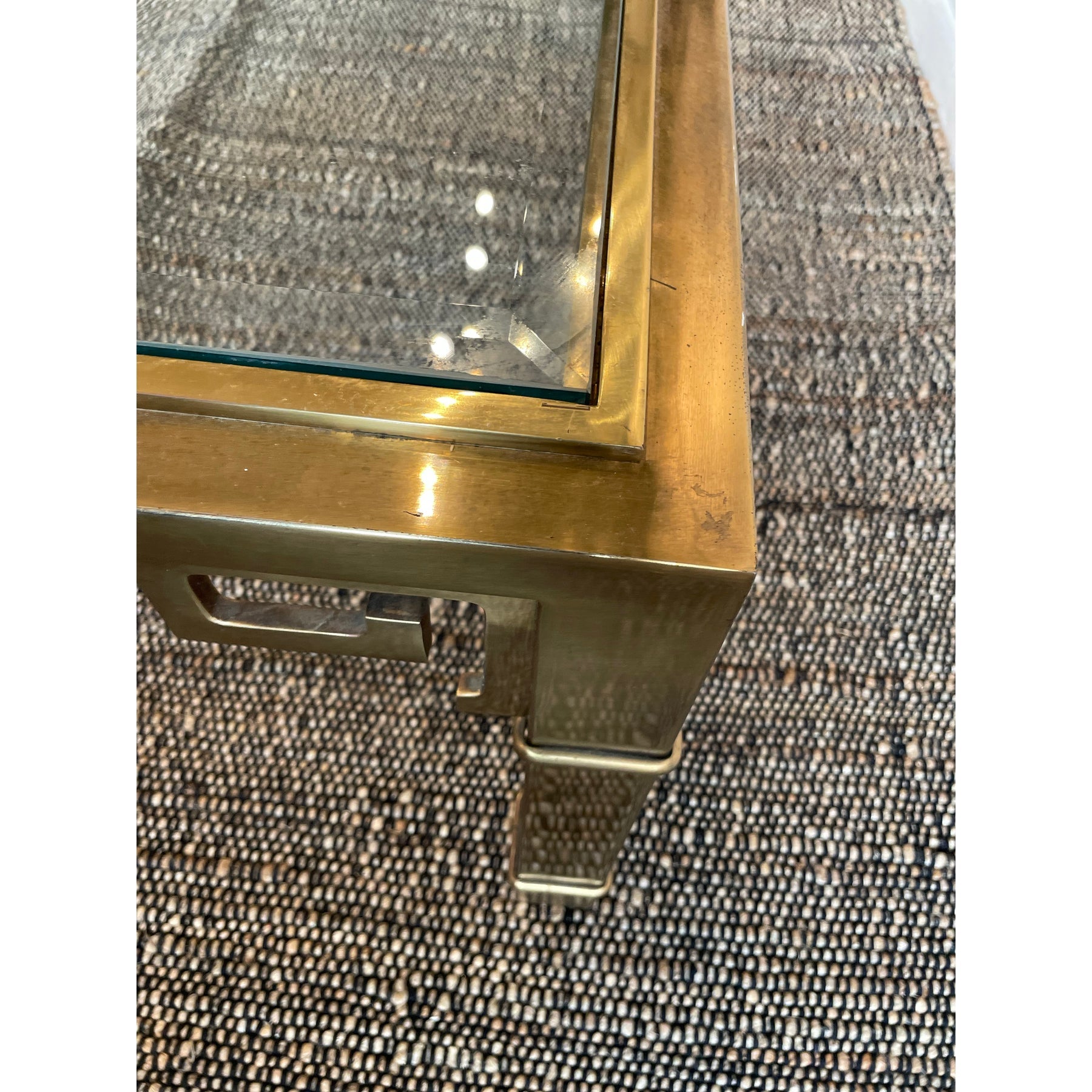 1970s Vintage in the Manner of Mastercraft Greek Key Brass and Glass Coffee Table