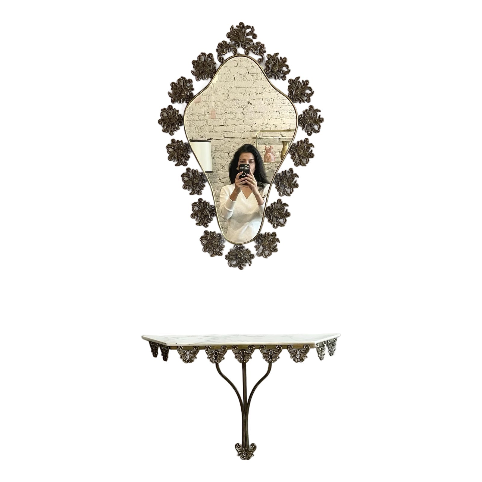 1970s Vintage Italian Brass Filigree Mirror With Matching Marble Floating Table - Set of 2